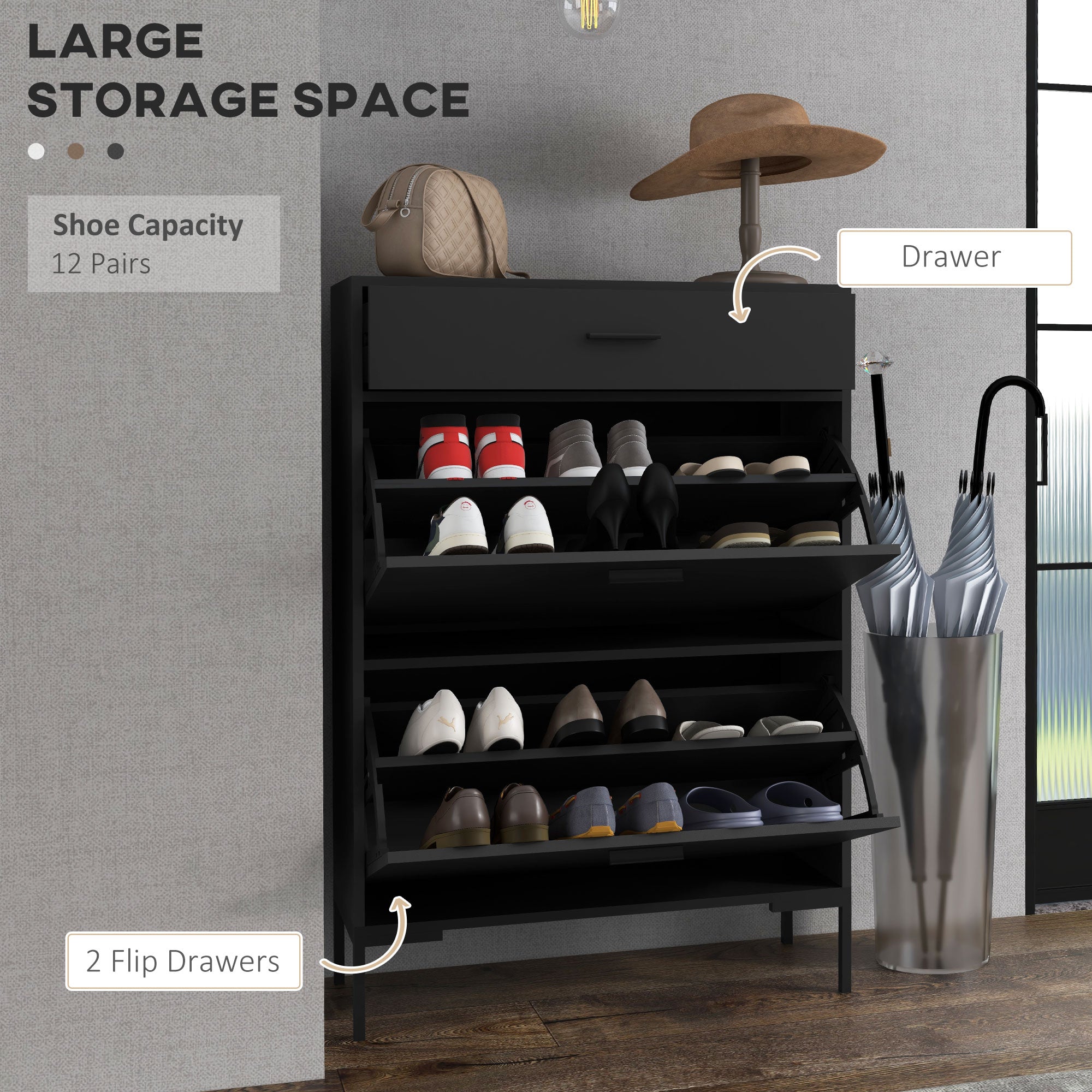 HOMCOM Modern Shoe Cabinet with 2 Flip Doors, Drawer and Adjustable Shelf, 12 Pair Shoe Storage Cabinet for Entryway, Hallway, Black