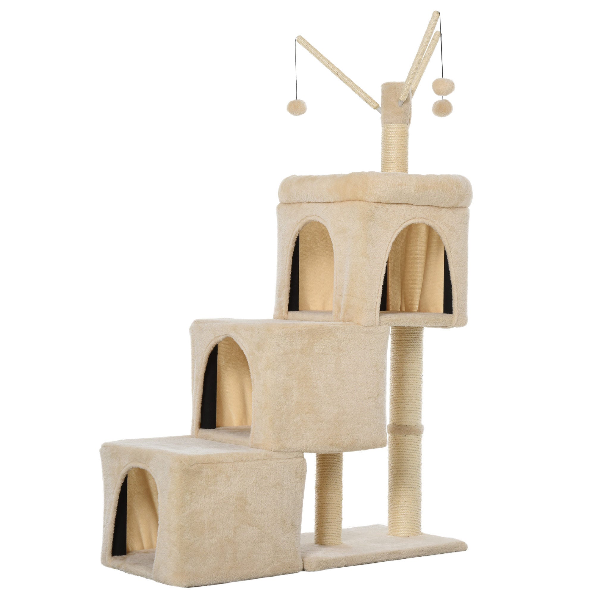 PawHut 3- Levels Plush Cat Tree Tower Ladder Shape Activity Center with Sisal Scratching Posts 3 Condos Funny Sticks and Balls, Beige