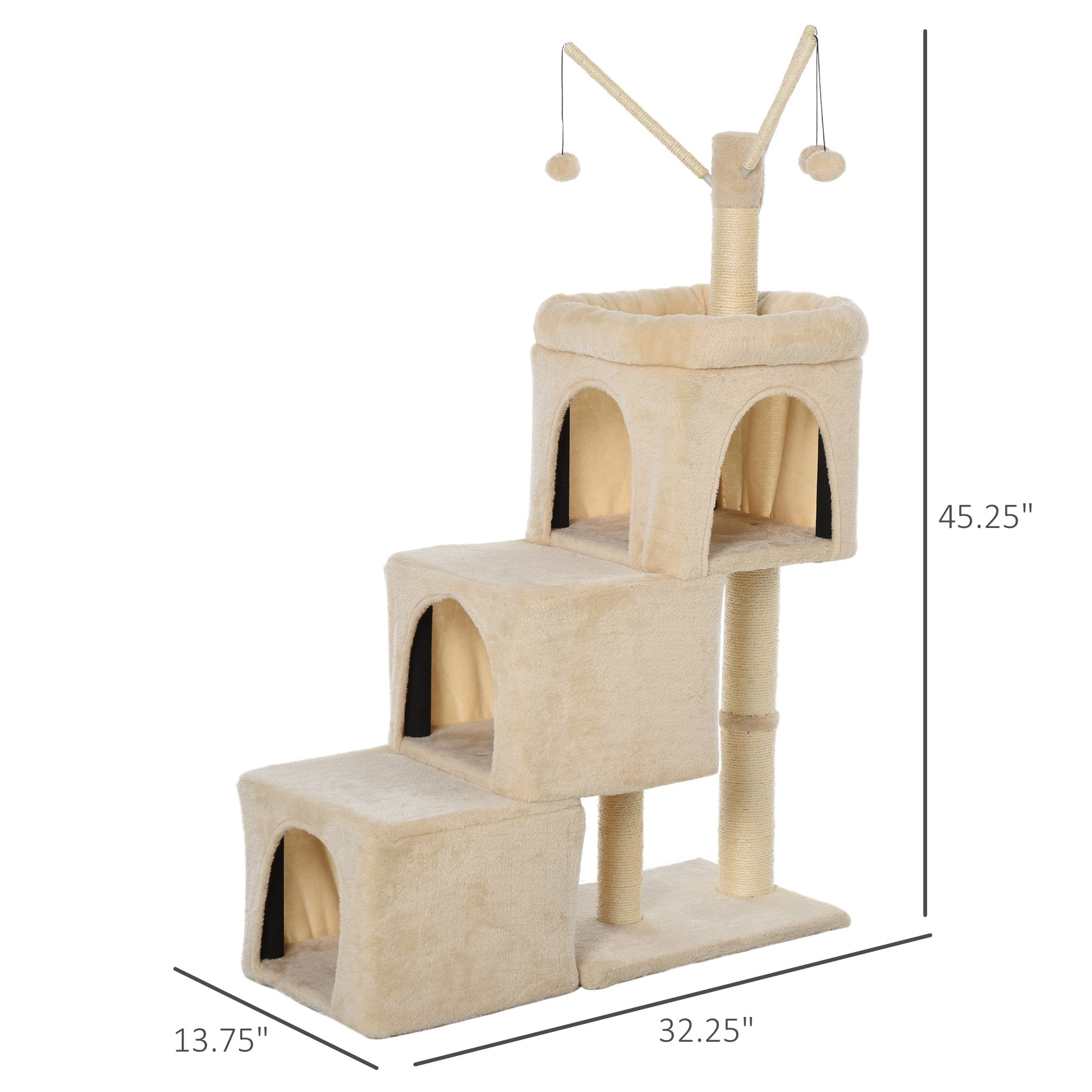 PawHut 3- Levels Plush Cat Tree Tower Ladder Shape Activity Center with Sisal Scratching Posts 3 Condos Funny Sticks and Balls, Beige