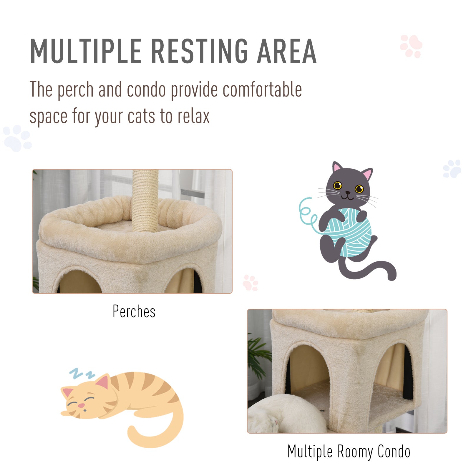 PawHut 3- Levels Plush Cat Tree Tower Ladder Shape Activity Center with Sisal Scratching Posts 3 Condos Funny Sticks and Balls, Beige