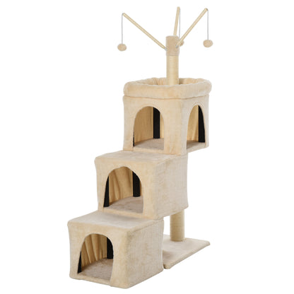 PawHut 3- Levels Plush Cat Tree Tower Ladder Shape Activity Center with Sisal Scratching Posts 3 Condos Funny Sticks and Balls, Beige