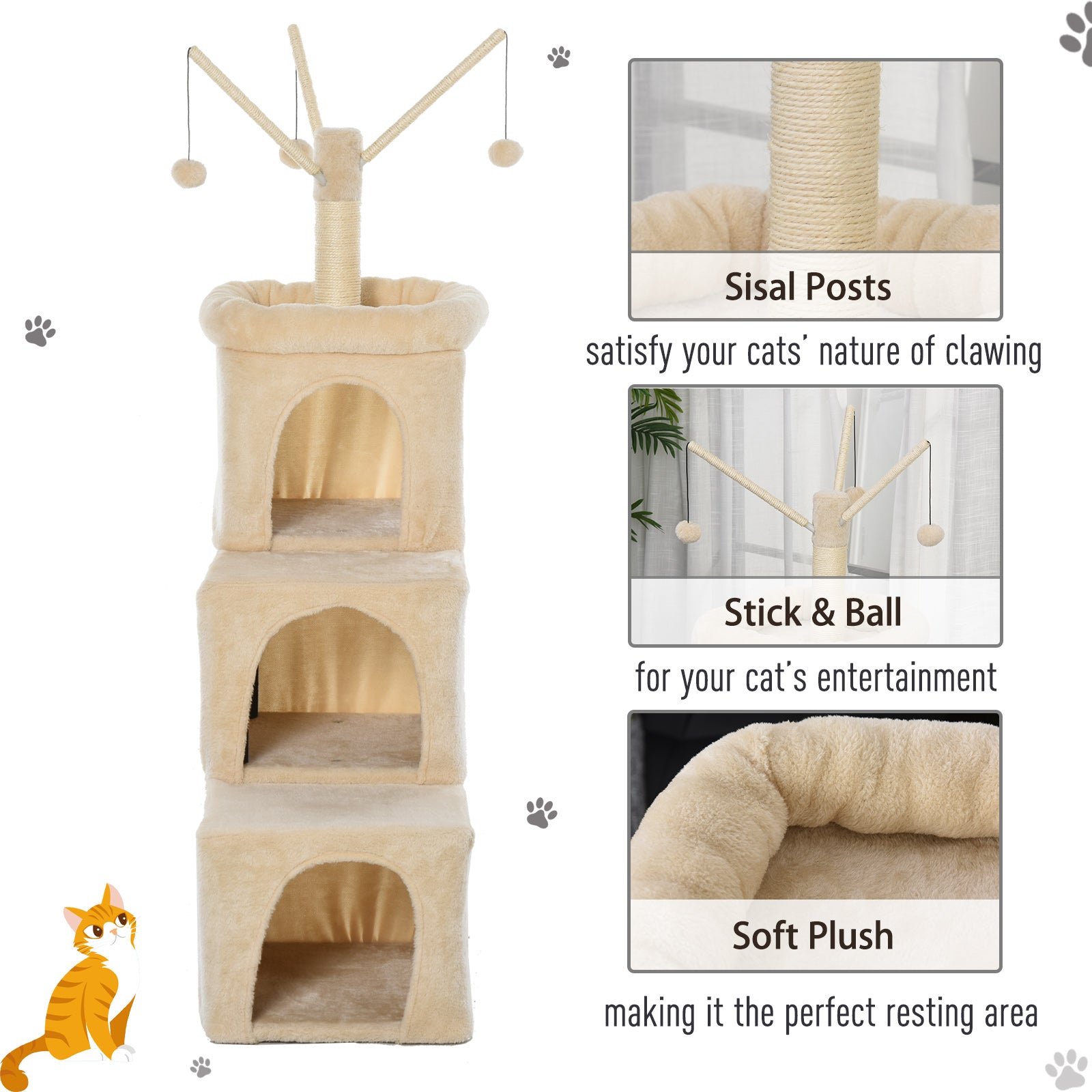 PawHut 3- Levels Plush Cat Tree Tower Ladder Shape Activity Center with Sisal Scratching Posts 3 Condos Funny Sticks and Balls, Beige