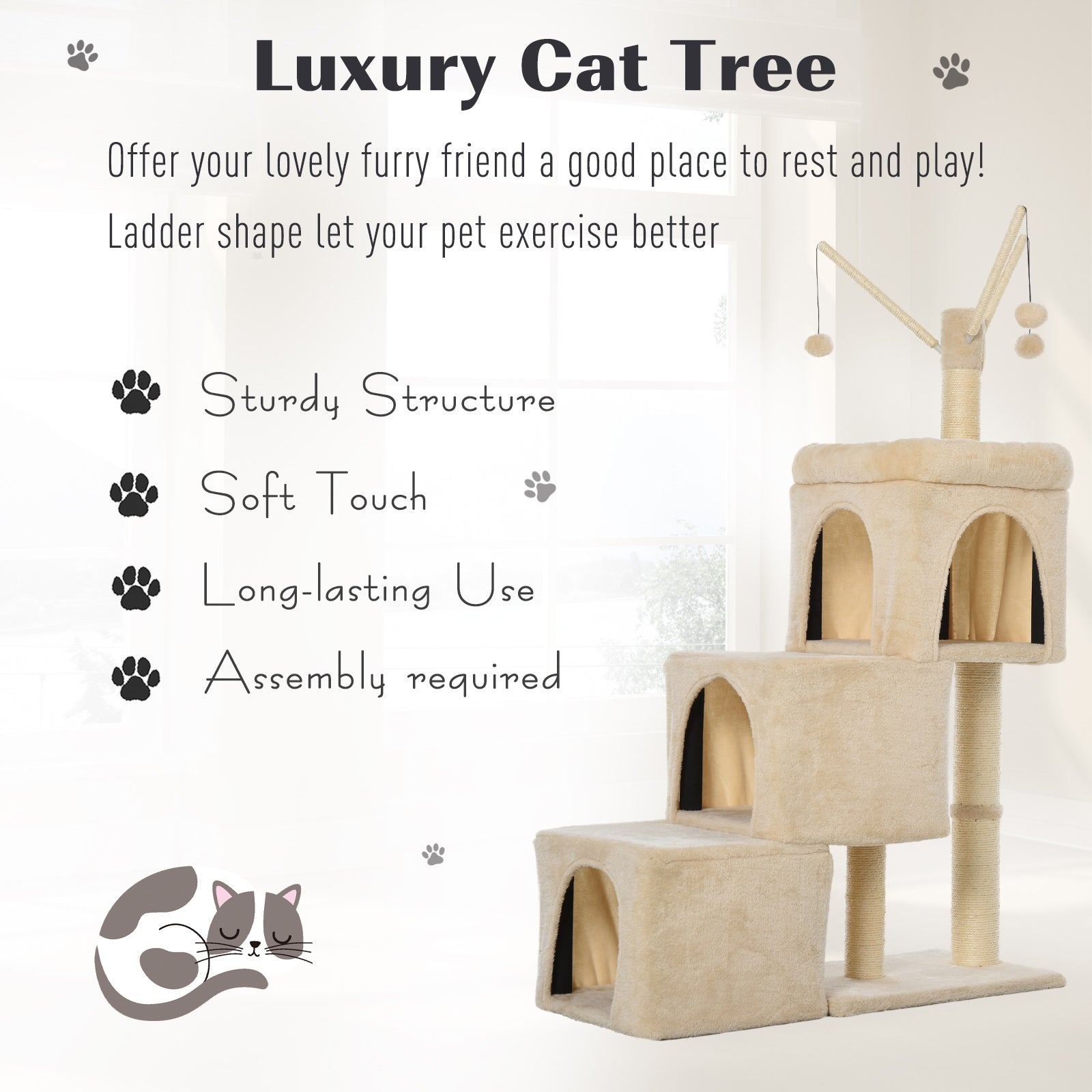 PawHut 3- Levels Plush Cat Tree Tower Ladder Shape Activity Center with Sisal Scratching Posts 3 Condos Funny Sticks and Balls, Beige