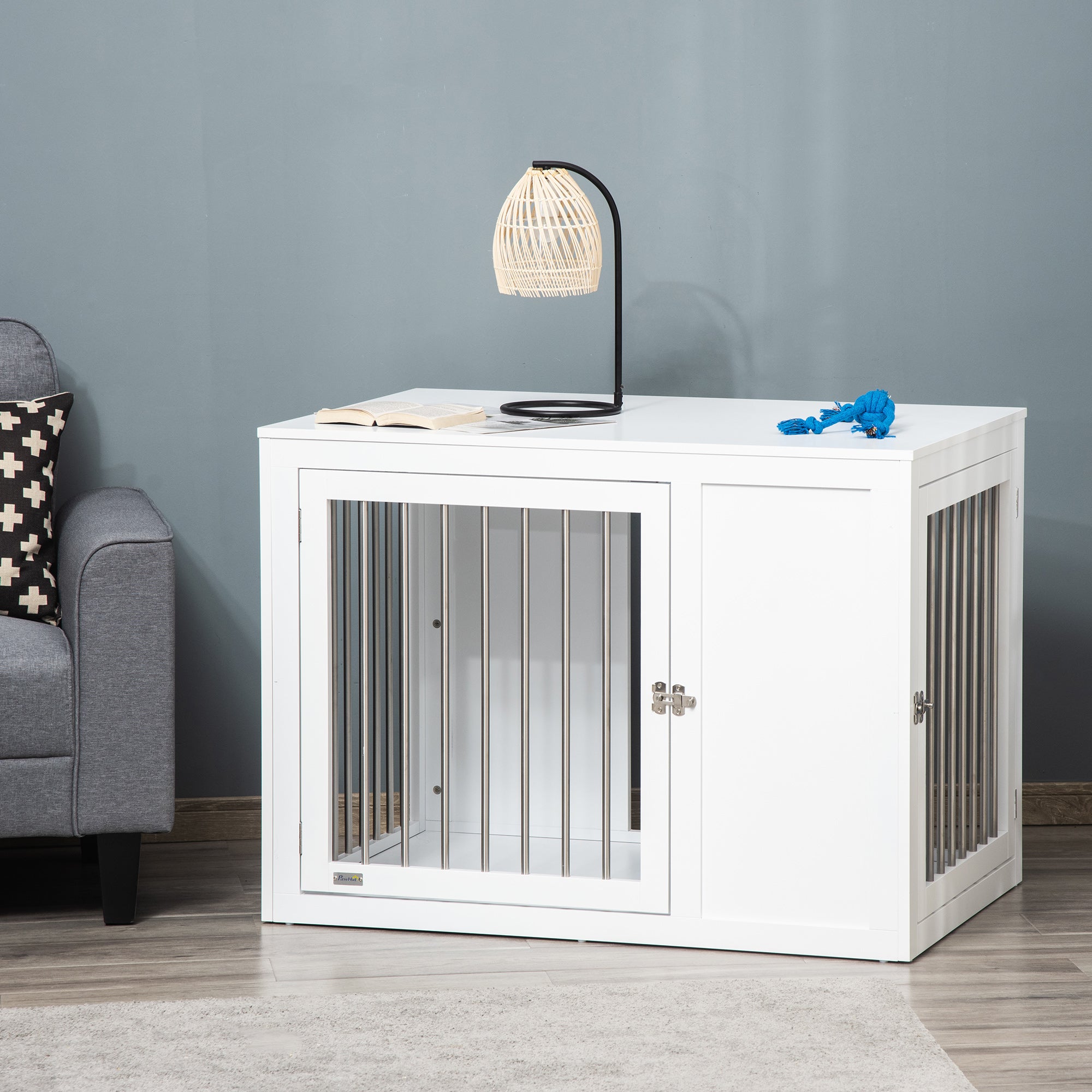 PawHut Furniture Style Dog Crate with Two Doors, End Table Pet Cage Kennel with Locks, for Medium and Large Dogs - White