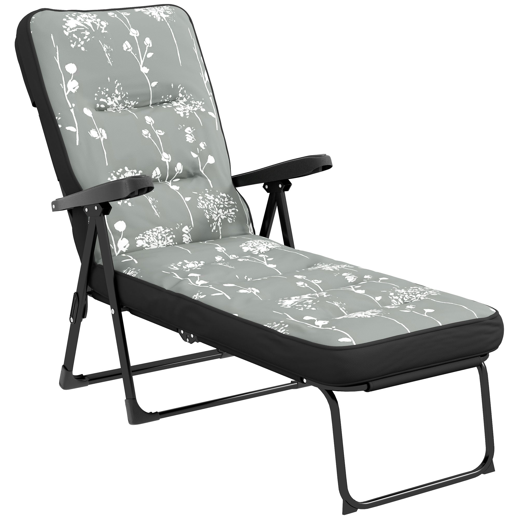 Outsunny Outdoor Lounge Chair with Padded Cushion, Folding Reclining Patio Garden Chair with Recline Back, Footrest, for Poolside, Patio, Grey