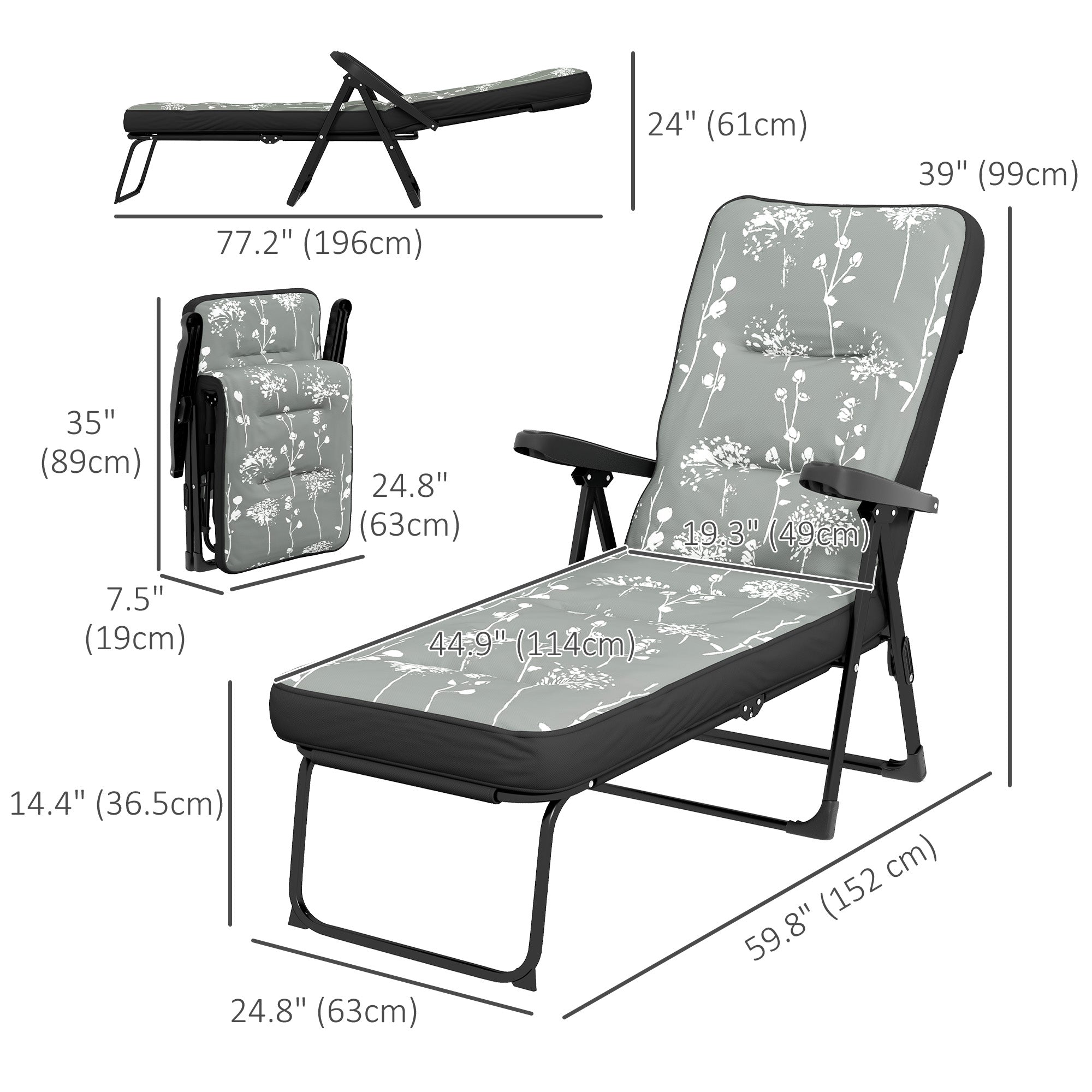 Outsunny Outdoor Lounge Chair with Padded Cushion, Folding Reclining Patio Garden Chair with Recline Back, Footrest, for Poolside, Patio, Grey