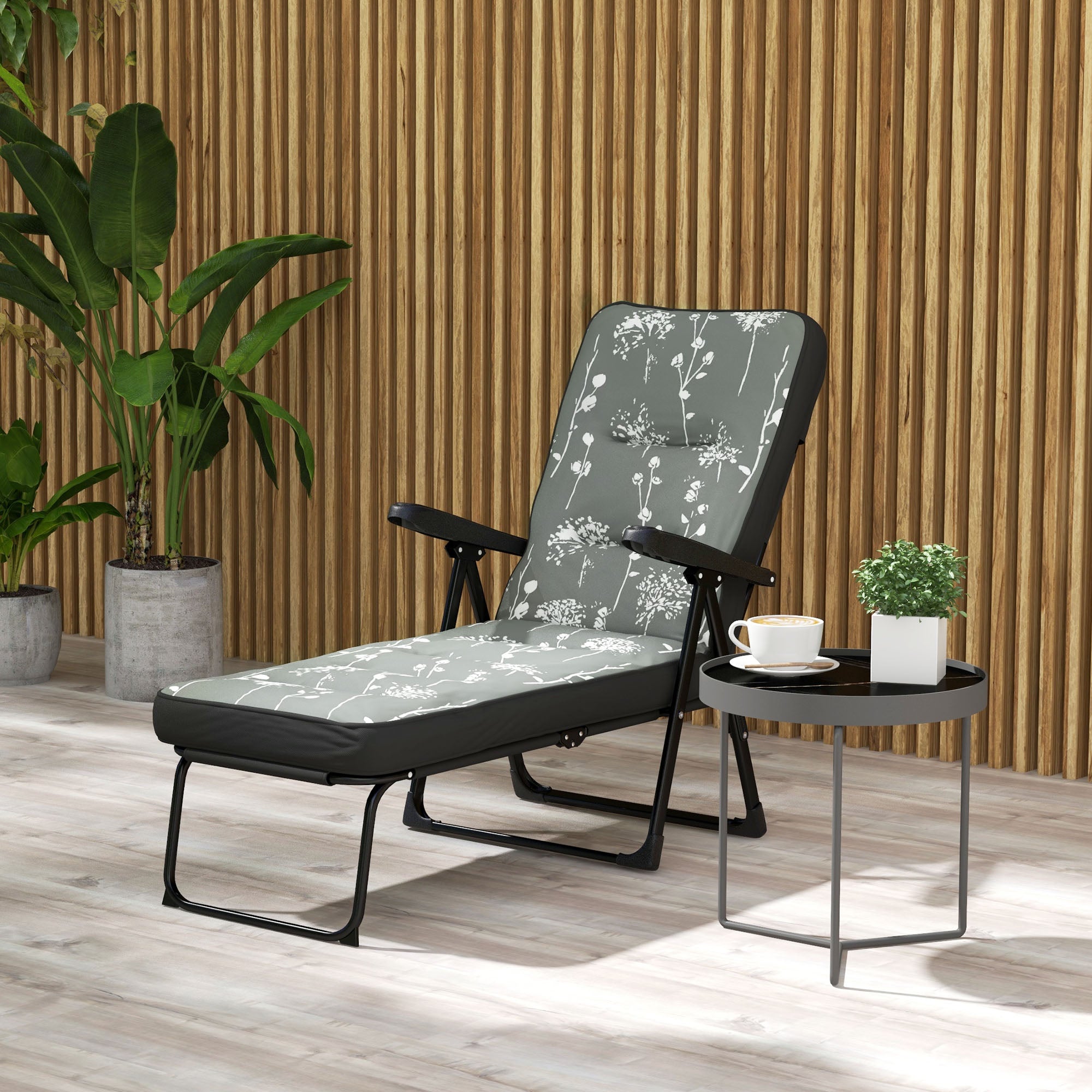 Outsunny Outdoor Lounge Chair with Padded Cushion, Folding Reclining Patio Garden Chair with Recline Back, Footrest, for Poolside, Patio, Grey