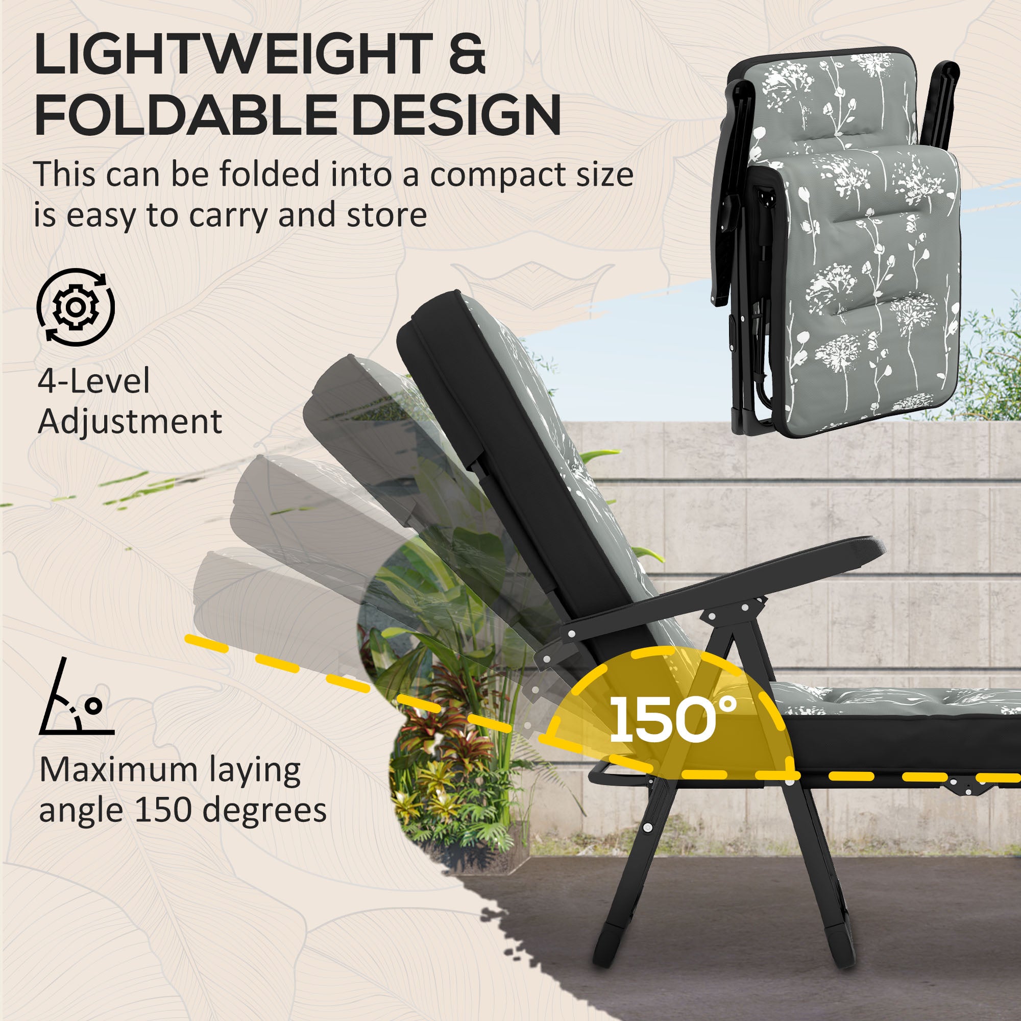 Outsunny Outdoor Lounge Chair with Padded Cushion, Folding Reclining Patio Garden Chair with Recline Back, Footrest, for Poolside, Patio, Grey