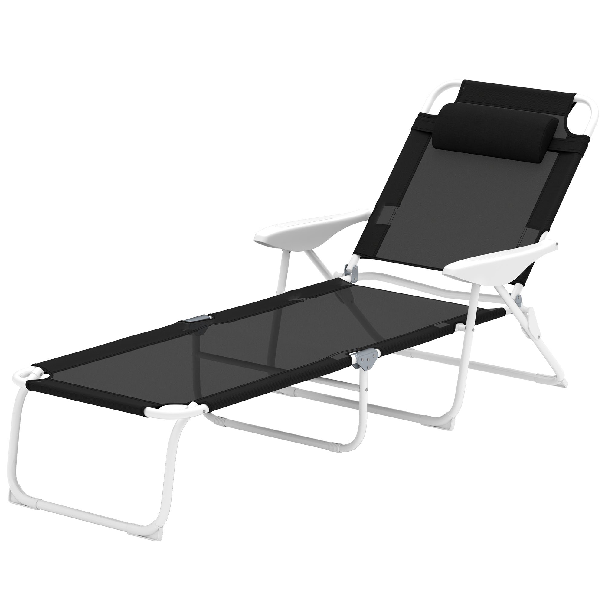Outsunny Outdoor Lounge Chair, Patio Garden Folding Chaise Lounge Sun Beach Reclining Tanning Chair with 4-Level Adjustable Backrest & Headrest, Black