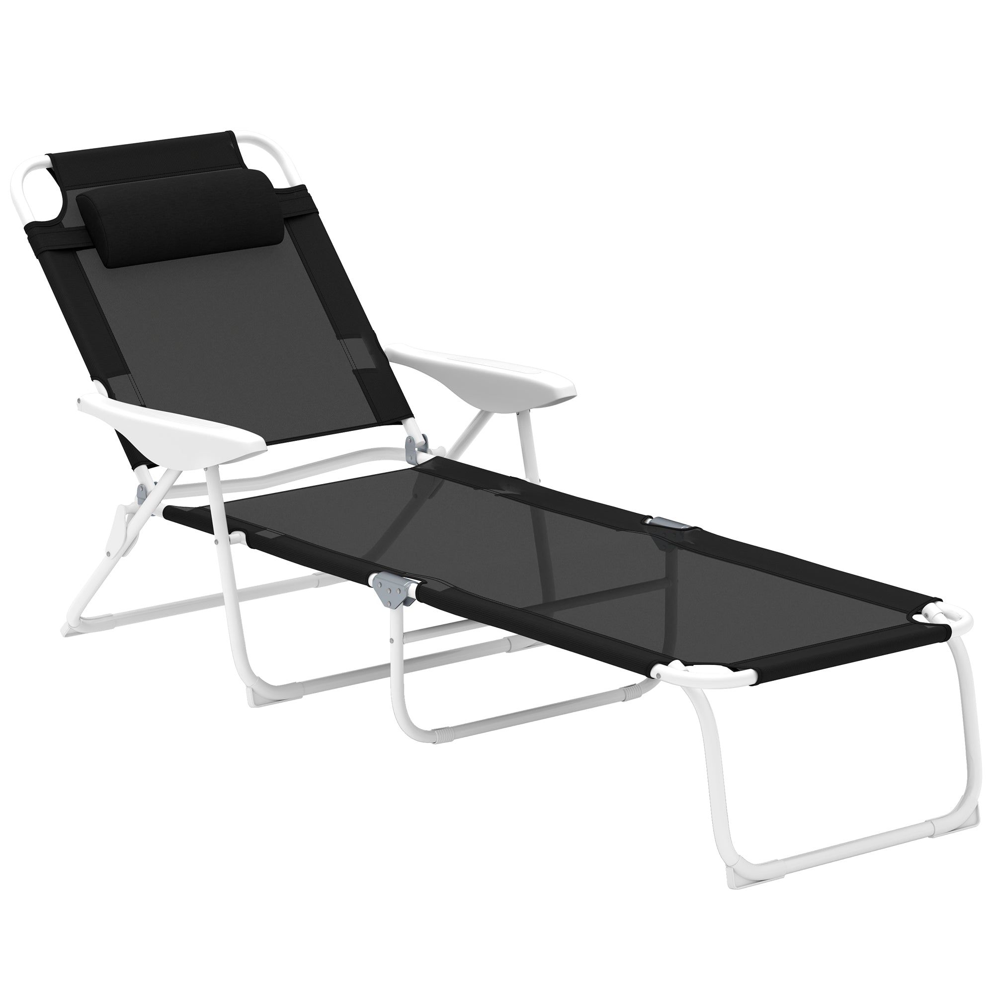 Outsunny Outdoor Lounge Chair, Patio Garden Folding Chaise Lounge Sun Beach Reclining Tanning Chair with 4-Level Adjustable Backrest & Headrest, Black