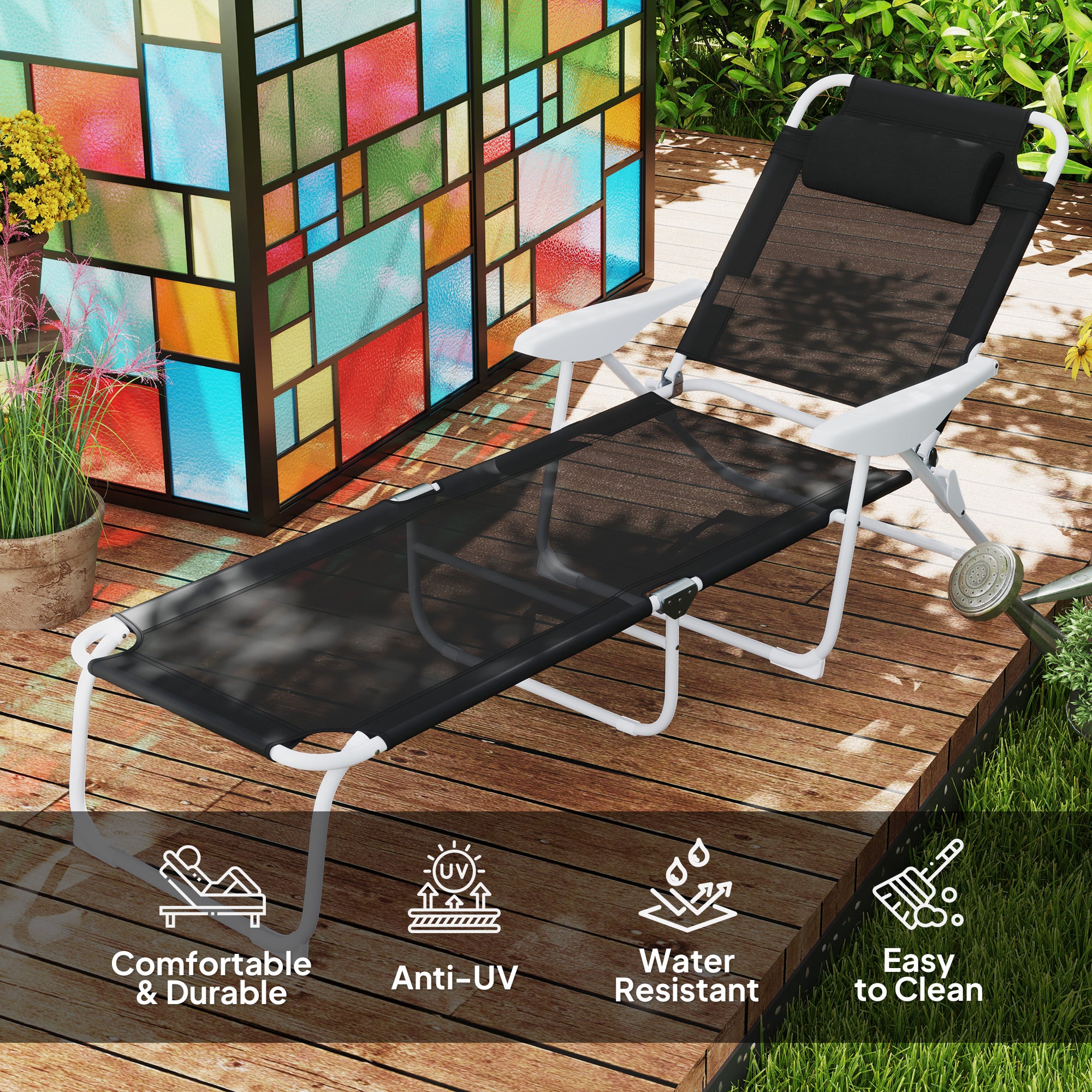 Outsunny Outdoor Lounge Chair, Patio Garden Folding Chaise Lounge Sun Beach Reclining Tanning Chair with 4-Level Adjustable Backrest & Headrest, Black