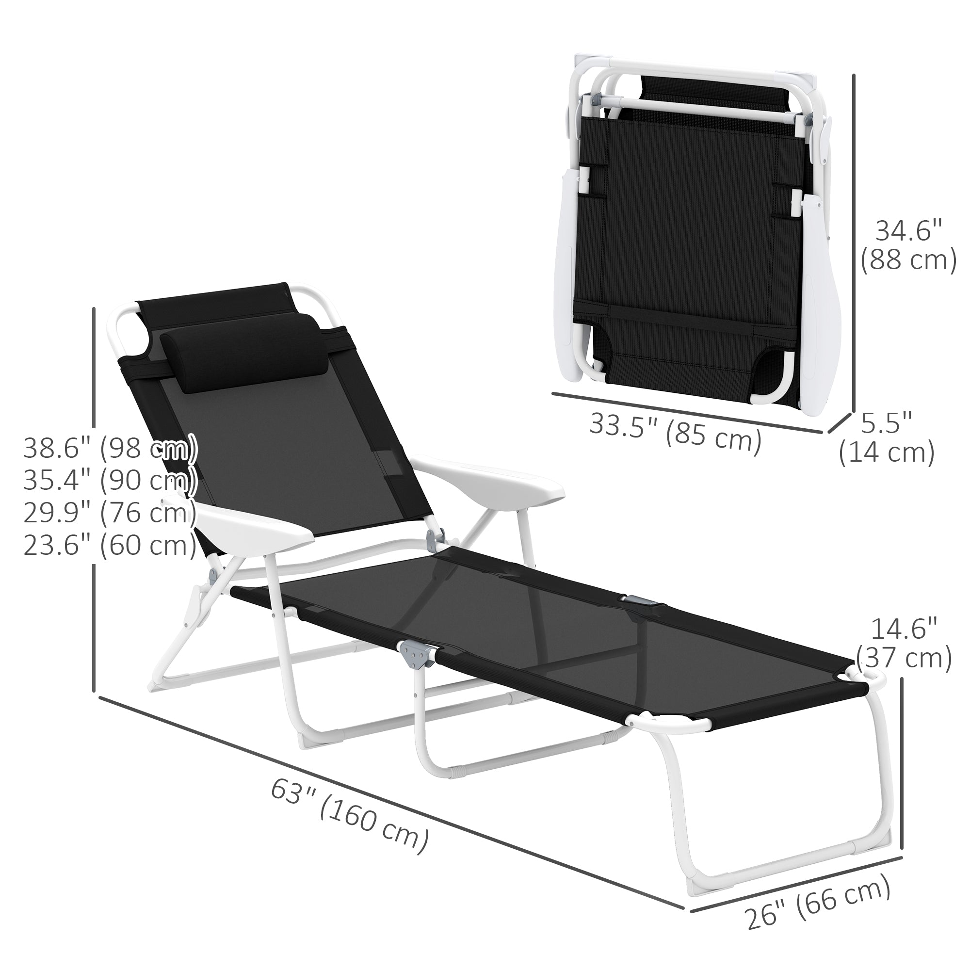 Outsunny Outdoor Lounge Chair, Patio Garden Folding Chaise Lounge Sun Beach Reclining Tanning Chair with 4-Level Adjustable Backrest & Headrest, Black