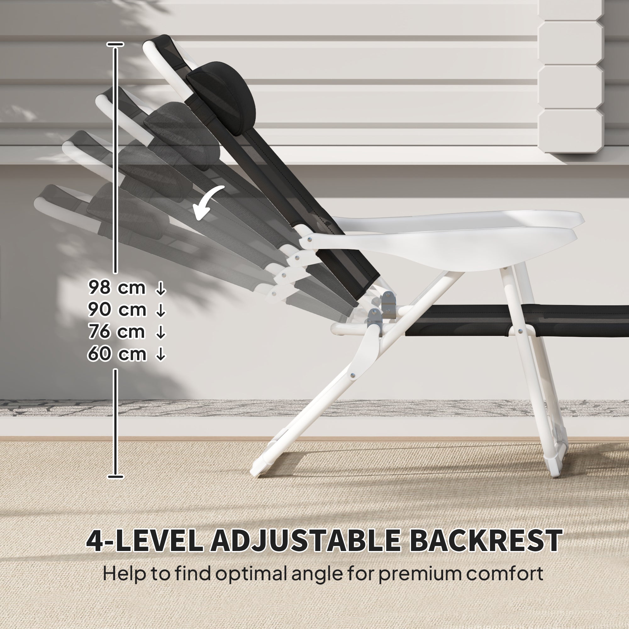 Outsunny Outdoor Lounge Chair, Patio Garden Folding Chaise Lounge Sun Beach Reclining Tanning Chair with 4-Level Adjustable Backrest & Headrest, Black