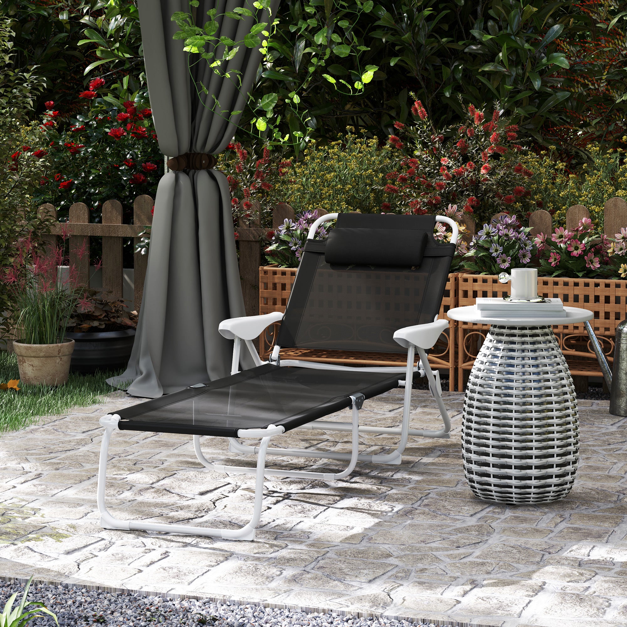 Outsunny Outdoor Lounge Chair, Patio Garden Folding Chaise Lounge Sun Beach Reclining Tanning Chair with 4-Level Adjustable Backrest & Headrest, Black