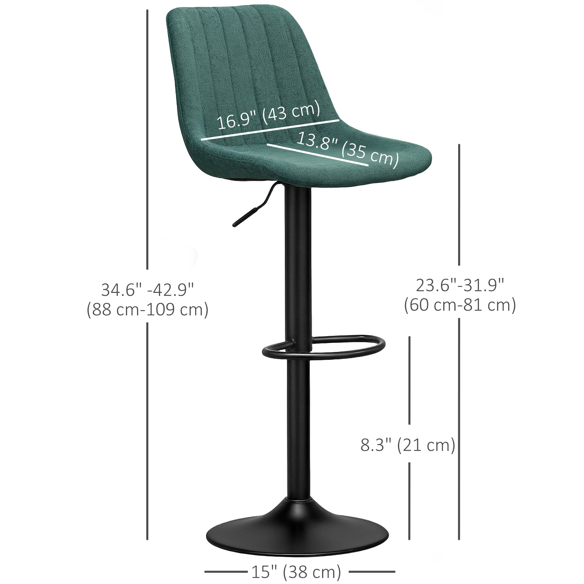 HOMCOM Adjustable Bar Stools Set of 2, Swivel Counter Height Barstools with Back, Footrest, Upholstered Chenille Bar Chairs for Kitchen Island Counter Dining Room, Green
