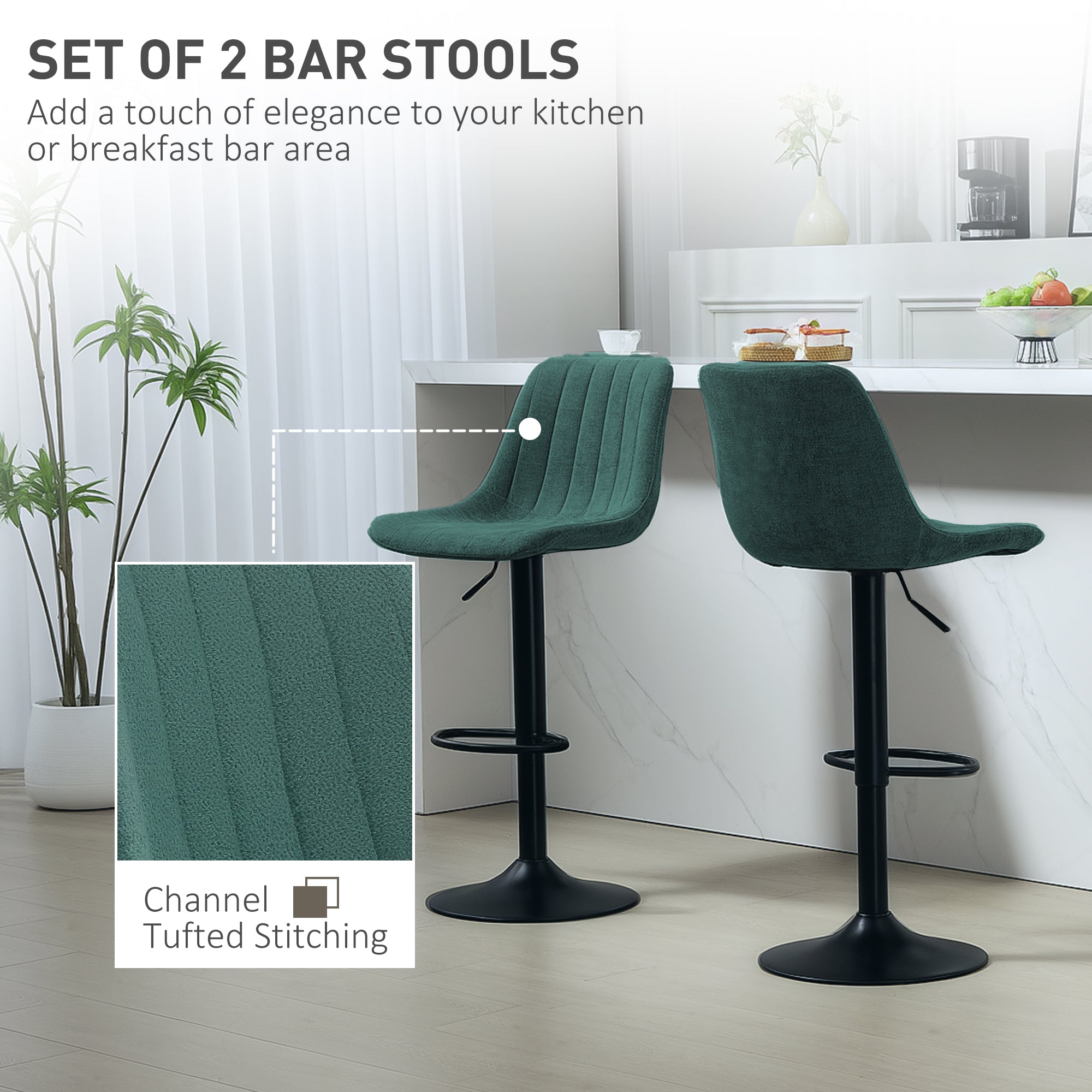 HOMCOM Adjustable Bar Stools Set of 2, Swivel Counter Height Barstools with Back, Footrest, Upholstered Chenille Bar Chairs for Kitchen Island Counter Dining Room, Green
