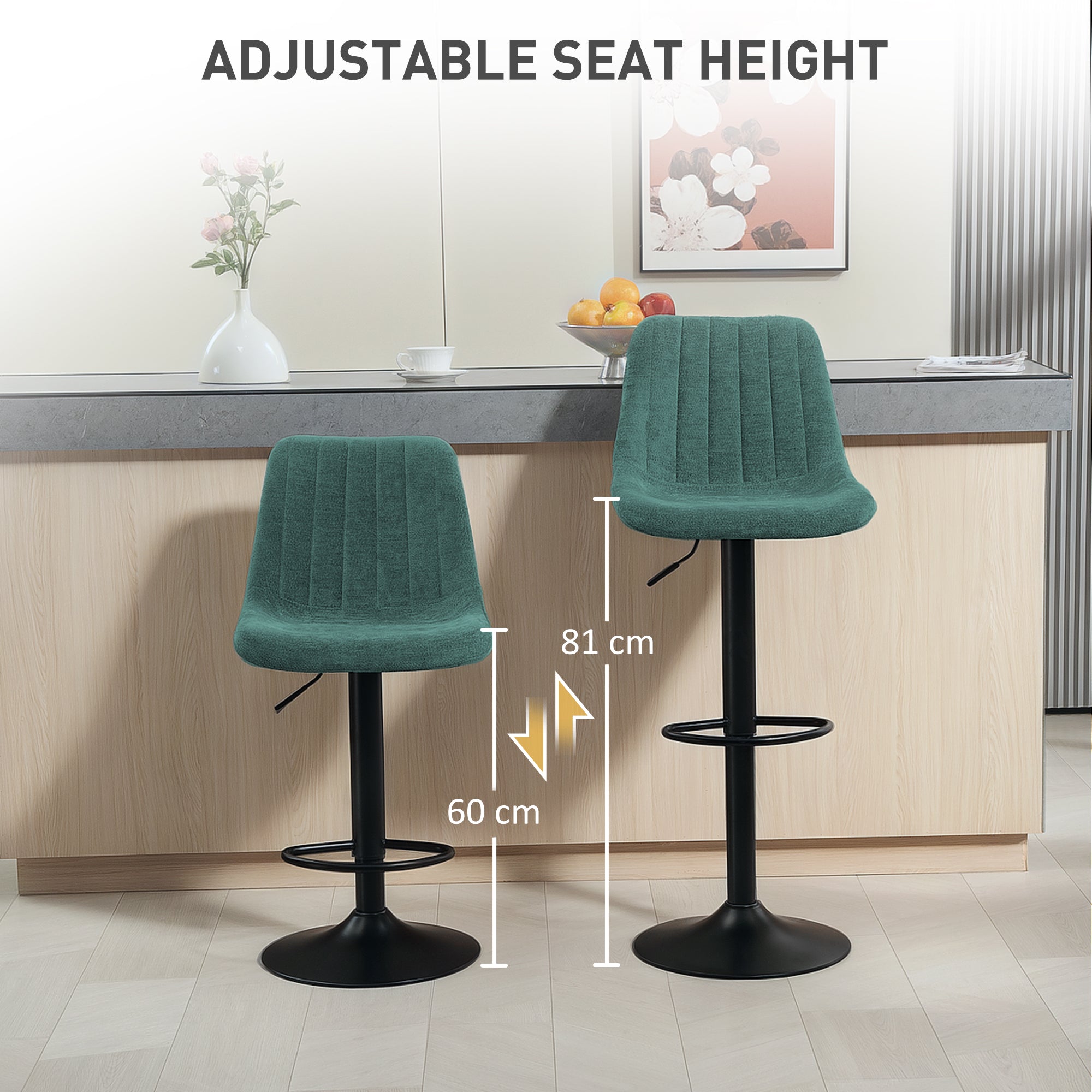 HOMCOM Adjustable Bar Stools Set of 2, Swivel Counter Height Barstools with Back, Footrest, Upholstered Chenille Bar Chairs for Kitchen Island Counter Dining Room, Green