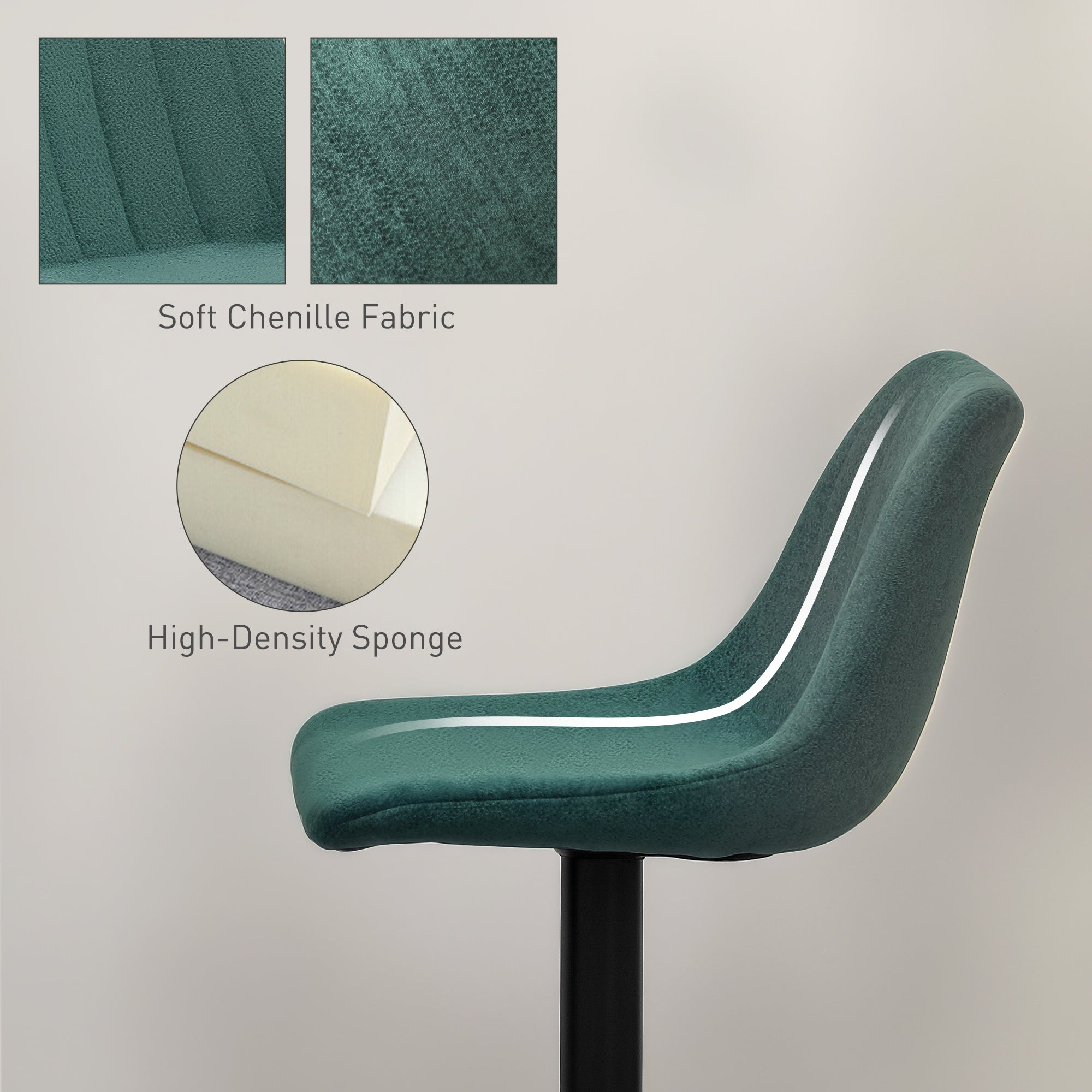 HOMCOM Adjustable Bar Stools Set of 2, Swivel Counter Height Barstools with Back, Footrest, Upholstered Chenille Bar Chairs for Kitchen Island Counter Dining Room, Green