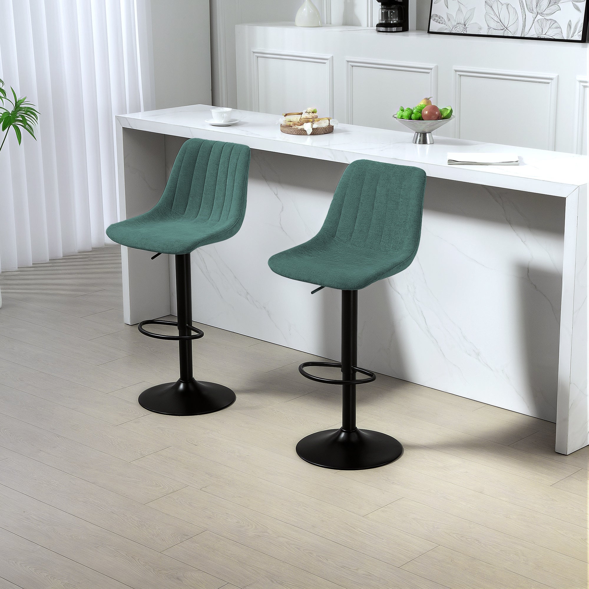 HOMCOM Adjustable Bar Stools Set of 2, Swivel Counter Height Barstools with Back, Footrest, Upholstered Chenille Bar Chairs for Kitchen Island Counter Dining Room, Green