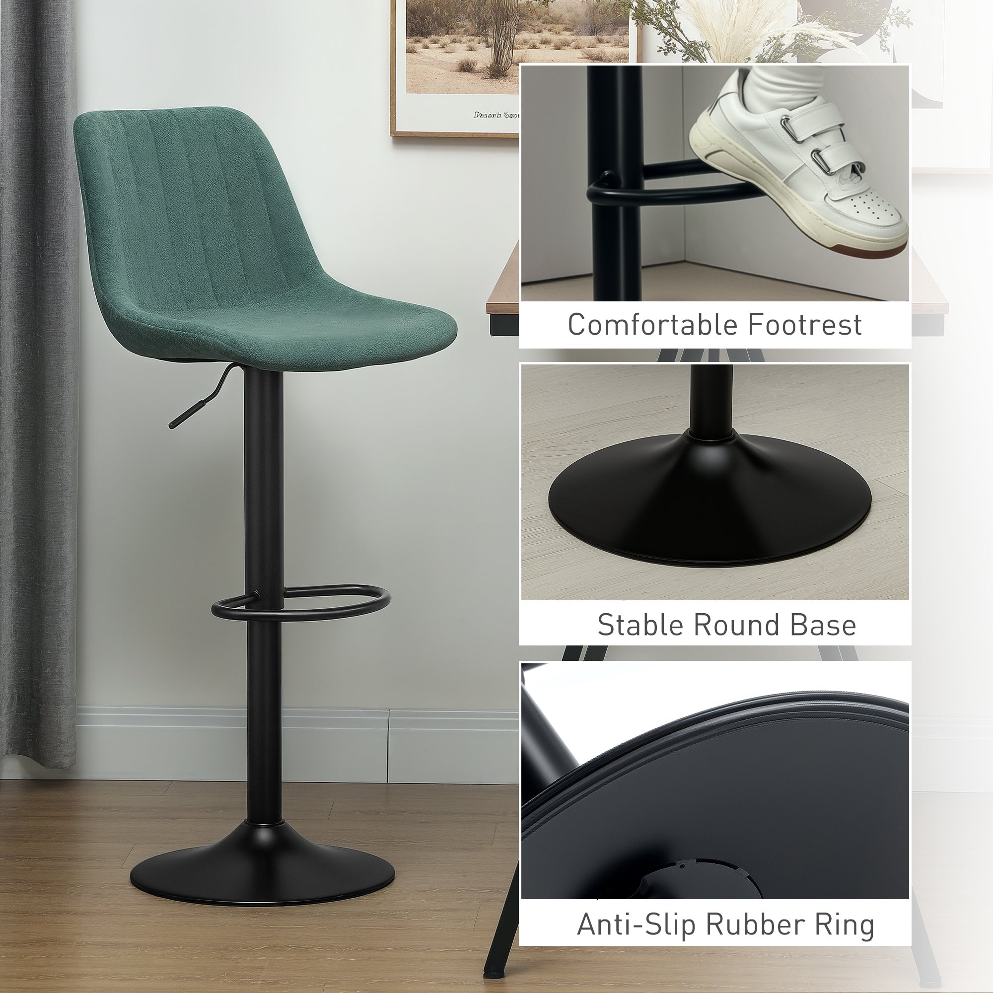 HOMCOM Adjustable Bar Stools Set of 2, Swivel Counter Height Barstools with Back, Footrest, Upholstered Chenille Bar Chairs for Kitchen Island Counter Dining Room, Green