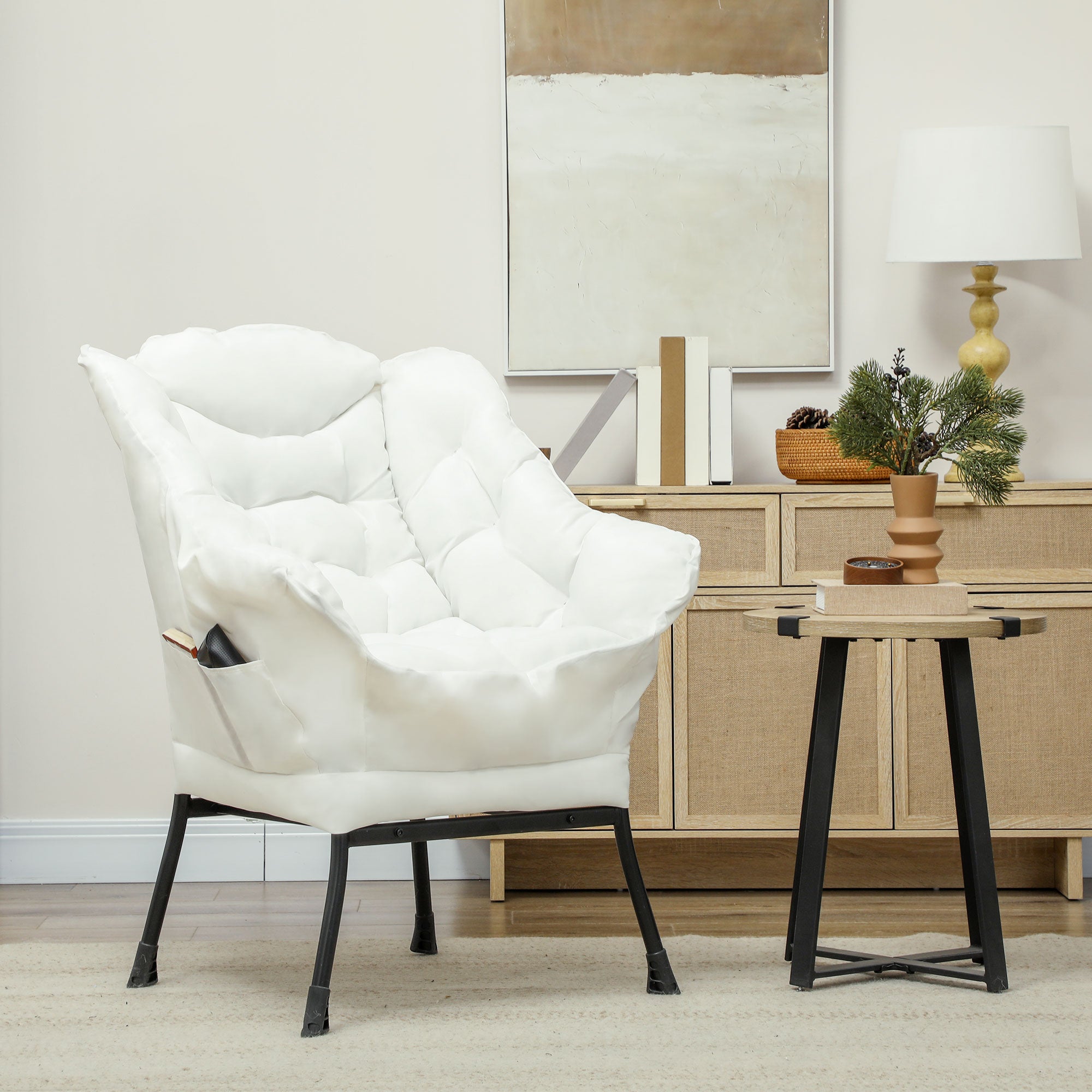 HOMCOM Modern Accent Chair, Linen Fabric Armchair with Side Pockets and Solid Steel Legs, Comfy Reading Chair for Living Room, Bedroom, Cream White