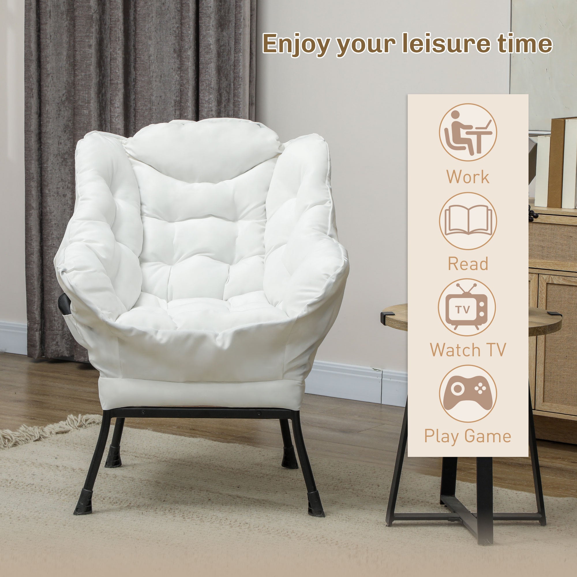 HOMCOM Modern Accent Chair, Linen Fabric Armchair with Side Pockets and Solid Steel Legs, Comfy Reading Chair for Living Room, Bedroom, Cream White