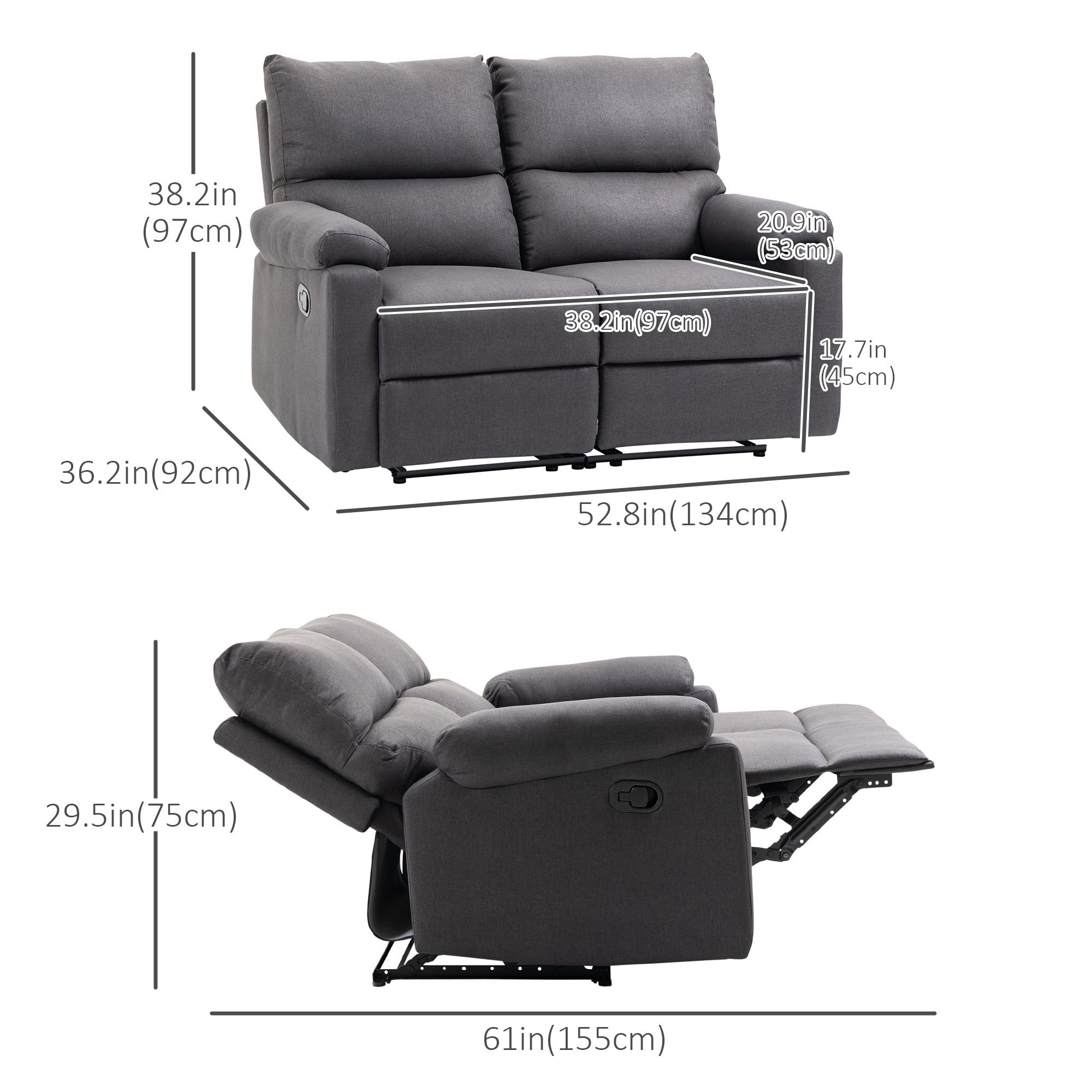 HOMCOM Loveseat Recliner Sofa, 2 Seater Reclining Chair with Footrest and Split Backrest, Dark Grey