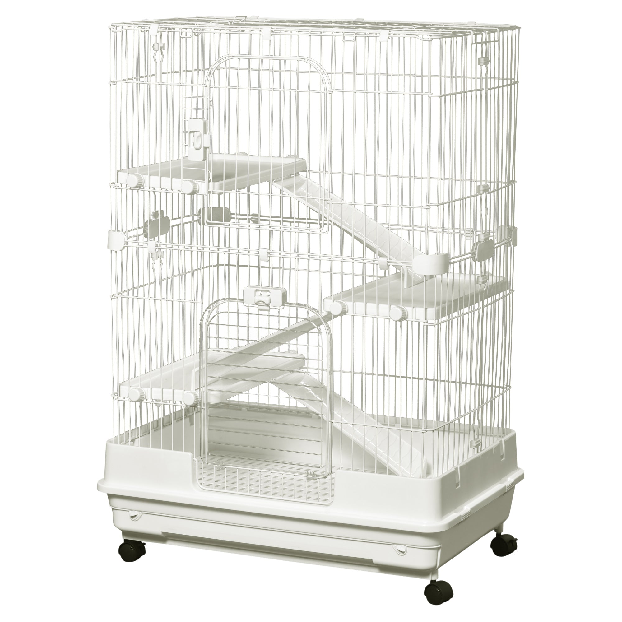 PawHut 4-Level Small Animal Cage Rabbit Hutch with Wheels, Removable Tray, Platform and Ramp for Bunny, Chinchillas, Ferret, White