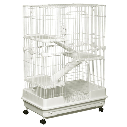 PawHut 4-Level Small Animal Cage Rabbit Hutch with Wheels, Removable Tray, Platform and Ramp for Bunny, Chinchillas, Ferret, White