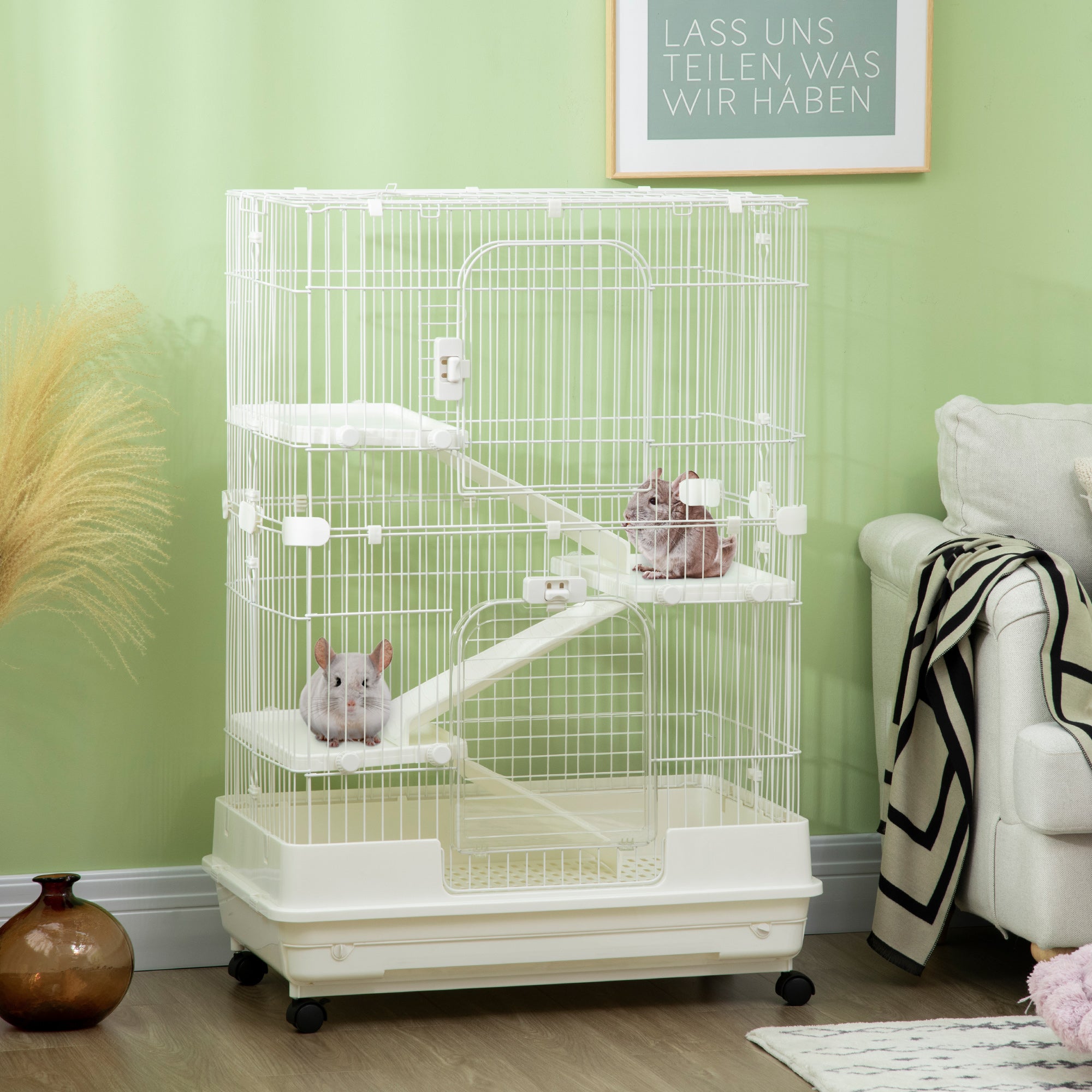 PawHut 4-Level Small Animal Cage Rabbit Hutch with Wheels, Removable Tray, Platform and Ramp for Bunny, Chinchillas, Ferret, White