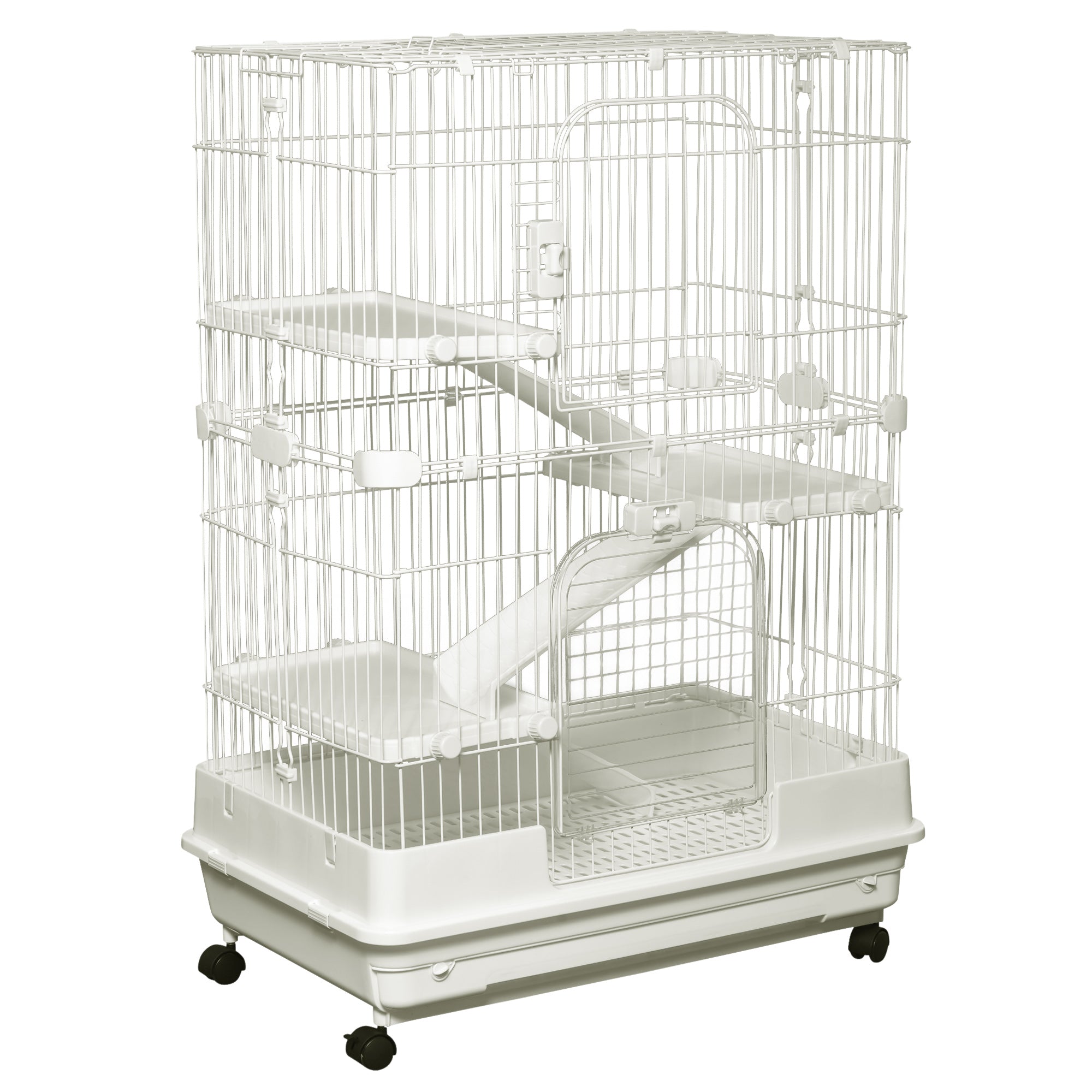 PawHut 4-Level Small Animal Cage Rabbit Hutch with Wheels, Removable Tray, Platform and Ramp for Bunny, Chinchillas, Ferret, White