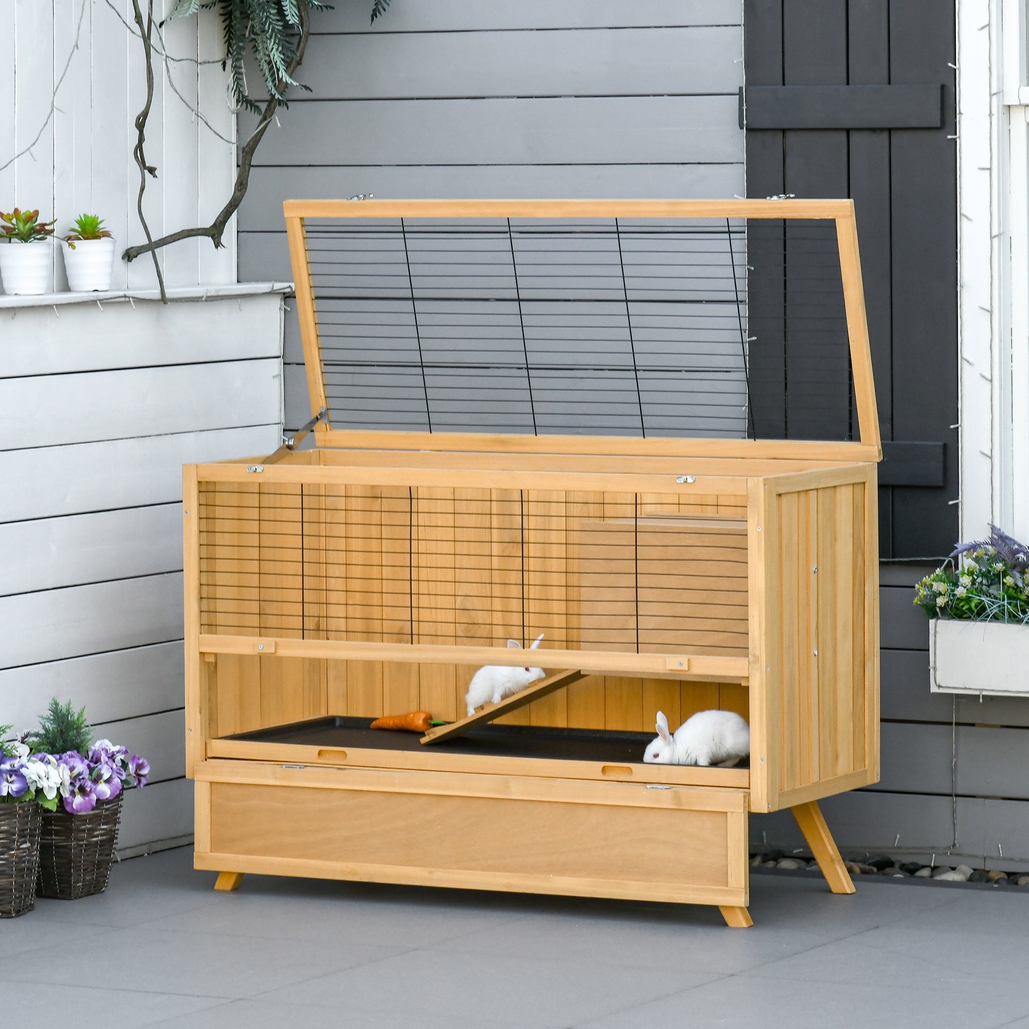 PawHut 47" Rabbit Hutch Indoor with Top Access, Elevated Bunny Cage Guinea Pig House with Removable Tray, Ramp, Yellow