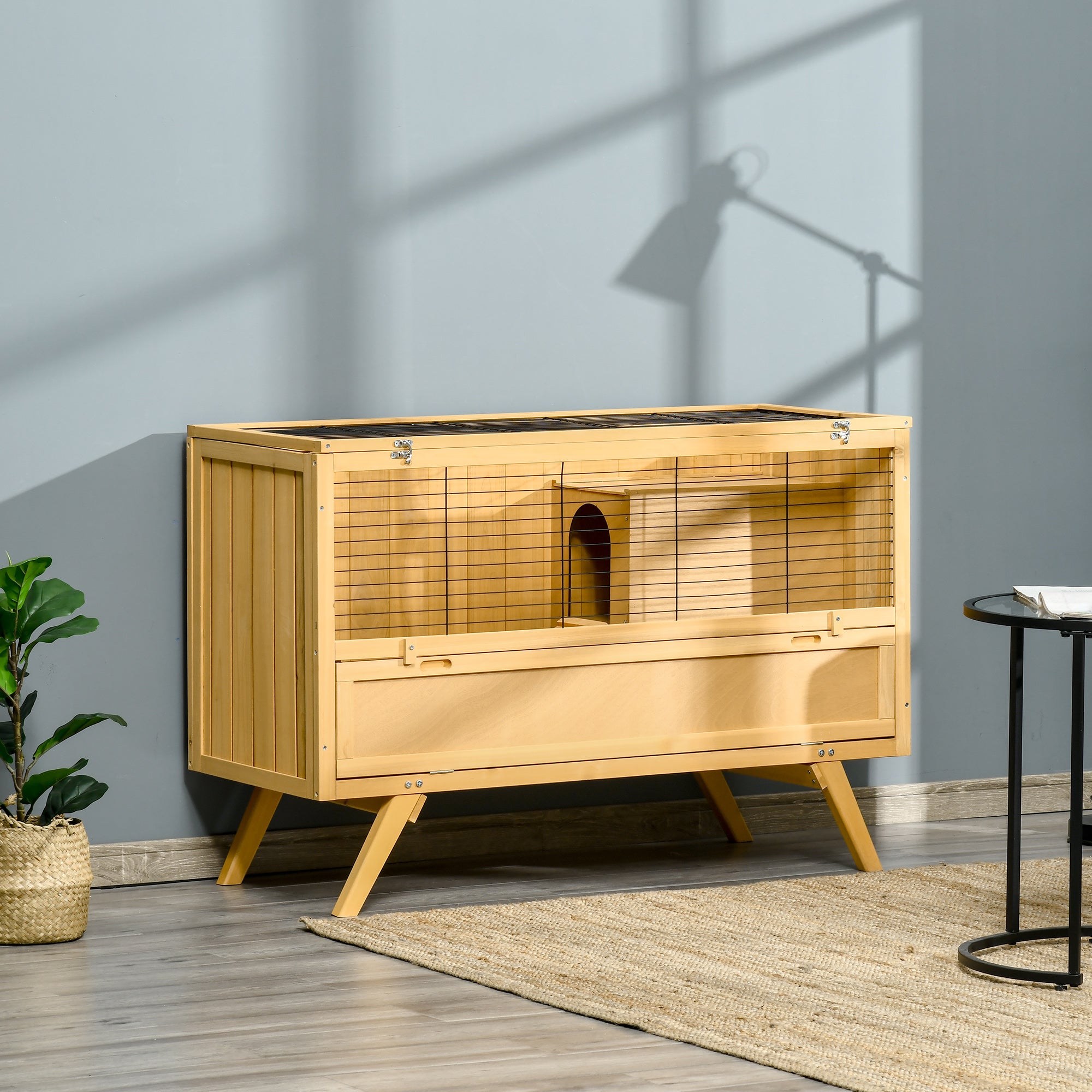 PawHut 47" Rabbit Hutch Indoor with Top Access, Elevated Bunny Cage Guinea Pig House with Removable Tray, Ramp, Yellow