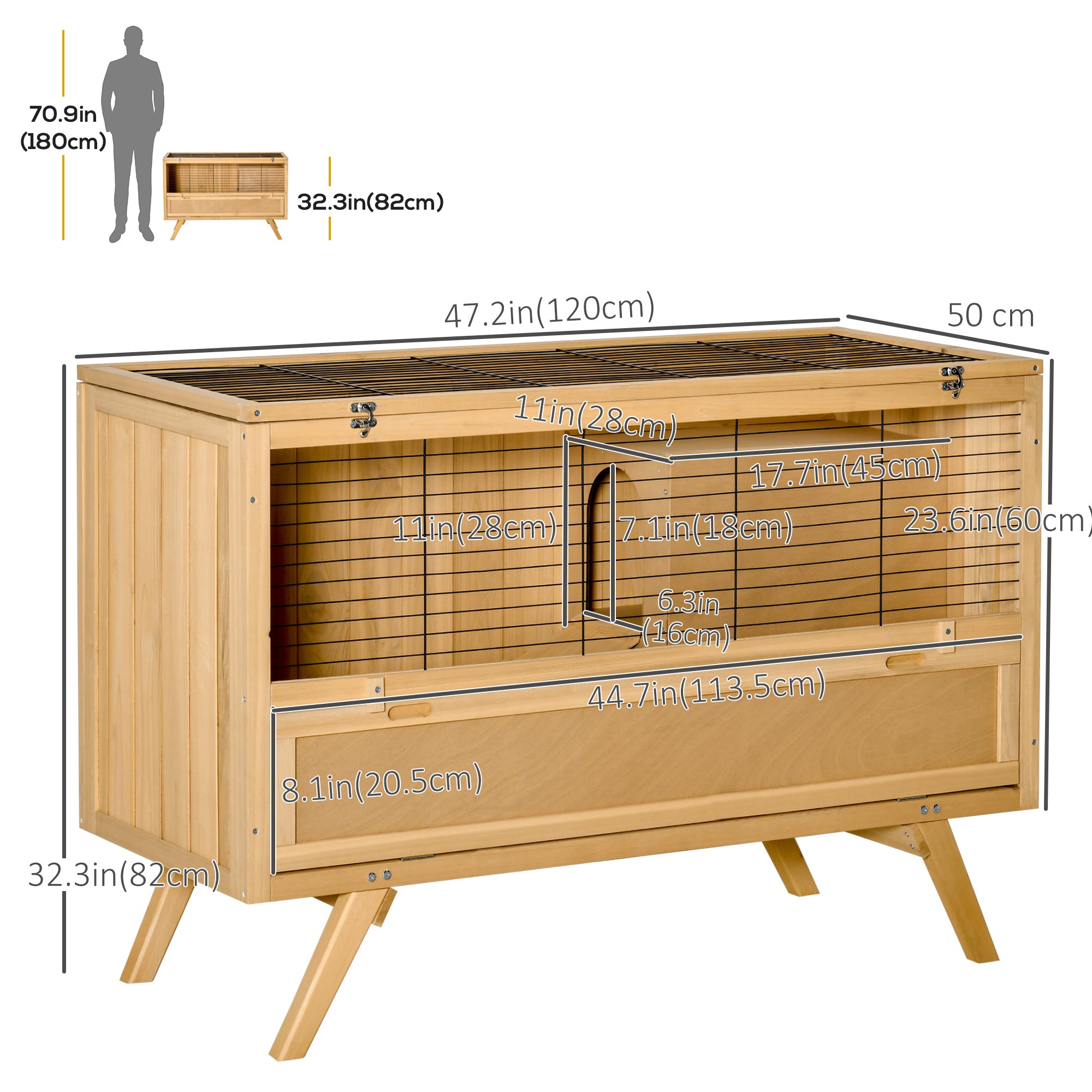 PawHut 47" Rabbit Hutch Indoor with Top Access, Elevated Bunny Cage Guinea Pig House with Removable Tray, Ramp, Yellow