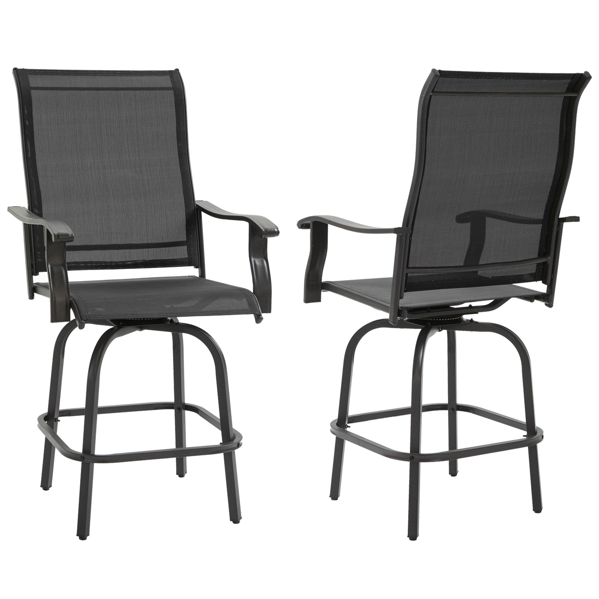 Outsunny Outdoor Swivel Bar Stools Set of 2, 2 Piece Bar Height Patio Chairs with High Back, Curved Armrests and Steel Frame for Balcony, Poolside, Backyard, Black