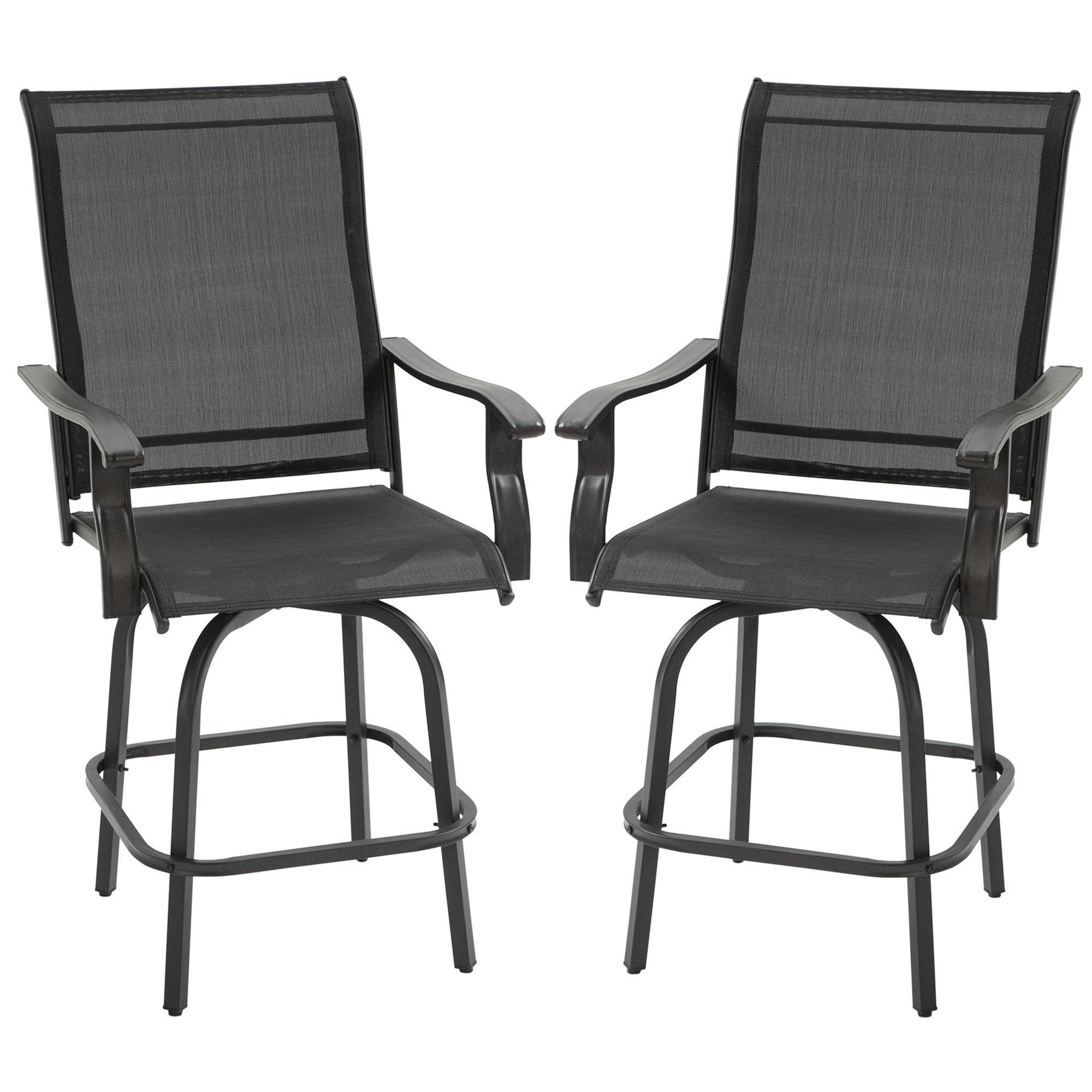 Outsunny Outdoor Swivel Bar Stools Set of 2, 2 Piece Bar Height Patio Chairs with High Back, Curved Armrests and Steel Frame for Balcony, Poolside, Backyard, Black