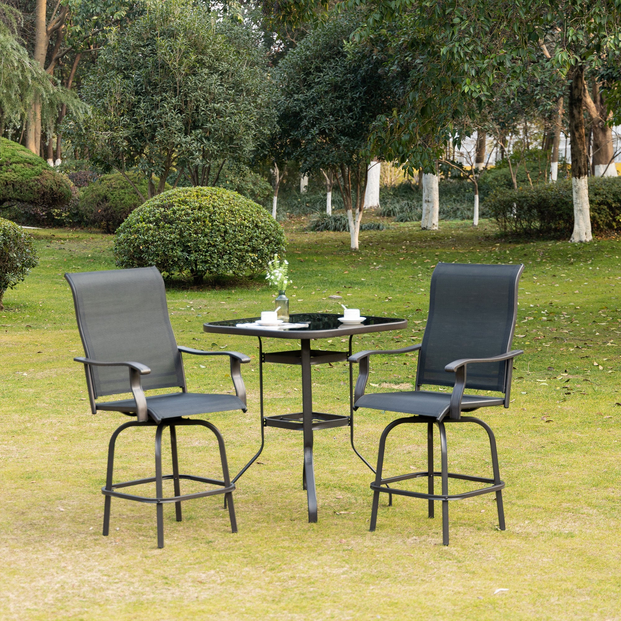Outsunny Outdoor Swivel Bar Stools Set of 2, 2 Piece Bar Height Patio Chairs with High Back, Curved Armrests and Steel Frame for Balcony, Poolside, Backyard, Black