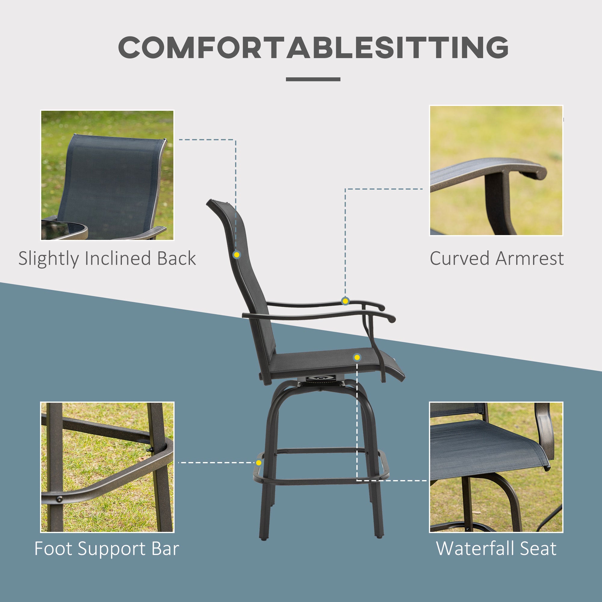 Outsunny Outdoor Swivel Bar Stools Set of 2, 2 Piece Bar Height Patio Chairs with High Back, Curved Armrests and Steel Frame for Balcony, Poolside, Backyard, Black