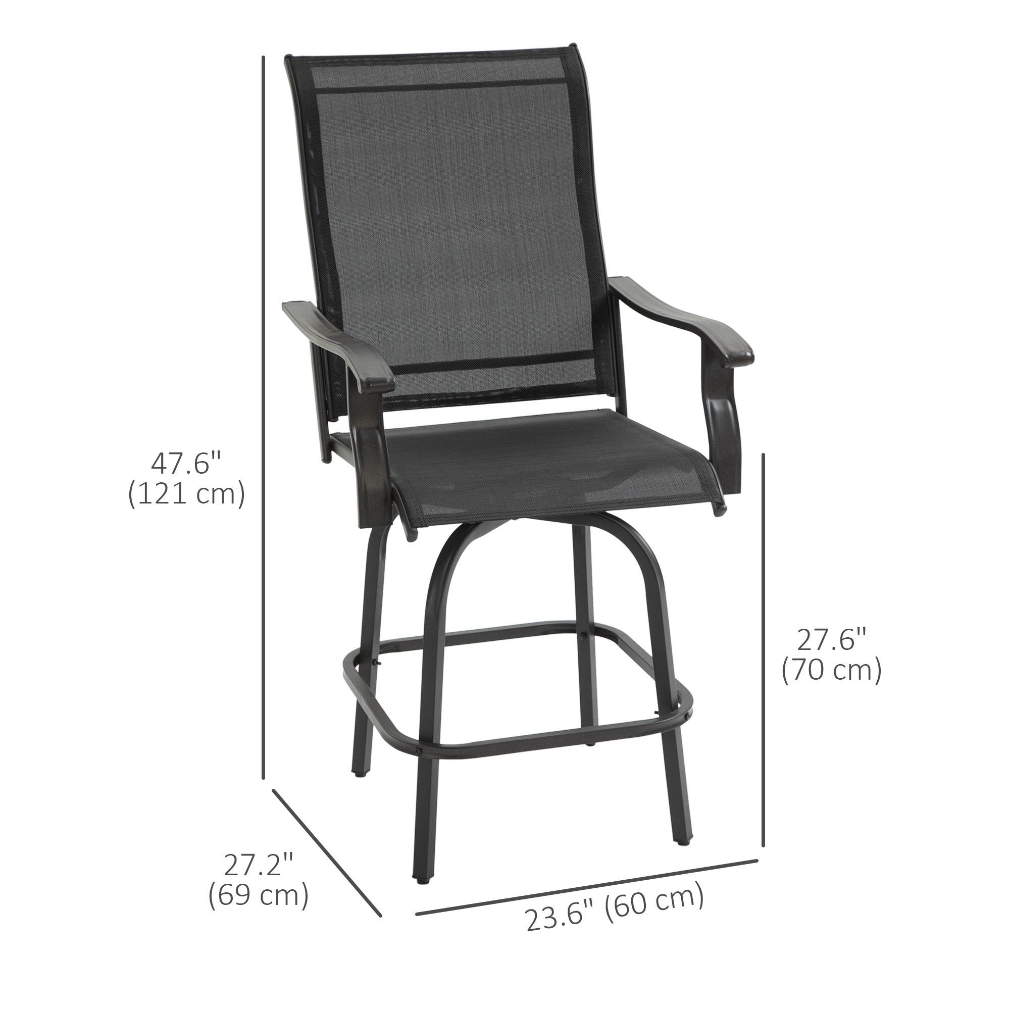 Outsunny Outdoor Swivel Bar Stools Set of 2, 2 Piece Bar Height Patio Chairs with High Back, Curved Armrests and Steel Frame for Balcony, Poolside, Backyard, Black