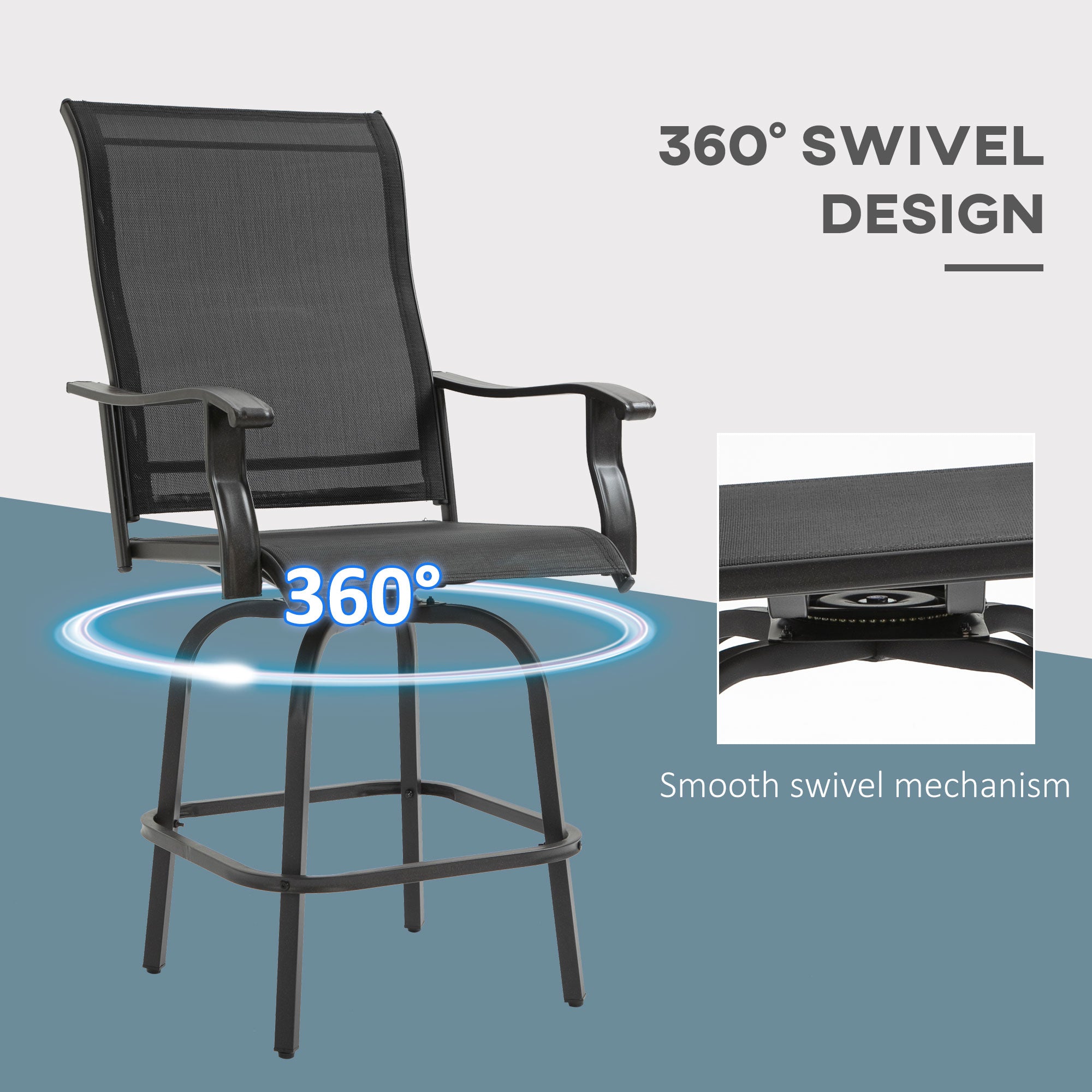 Outsunny Outdoor Swivel Bar Stools Set of 2, 2 Piece Bar Height Patio Chairs with High Back, Curved Armrests and Steel Frame for Balcony, Poolside, Backyard, Black