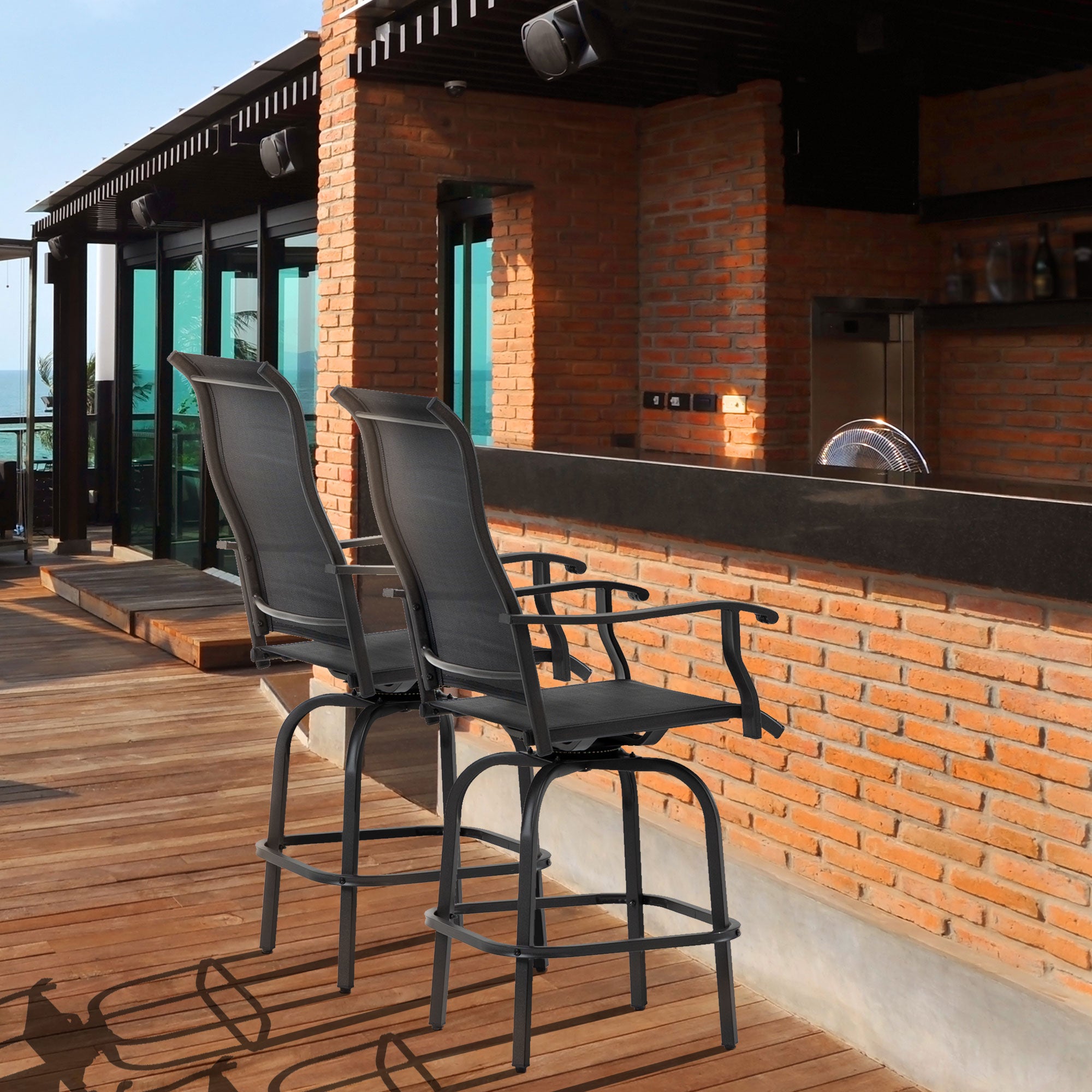 Outsunny Outdoor Swivel Bar Stools Set of 2, 2 Piece Bar Height Patio Chairs with High Back, Curved Armrests and Steel Frame for Balcony, Poolside, Backyard, Black