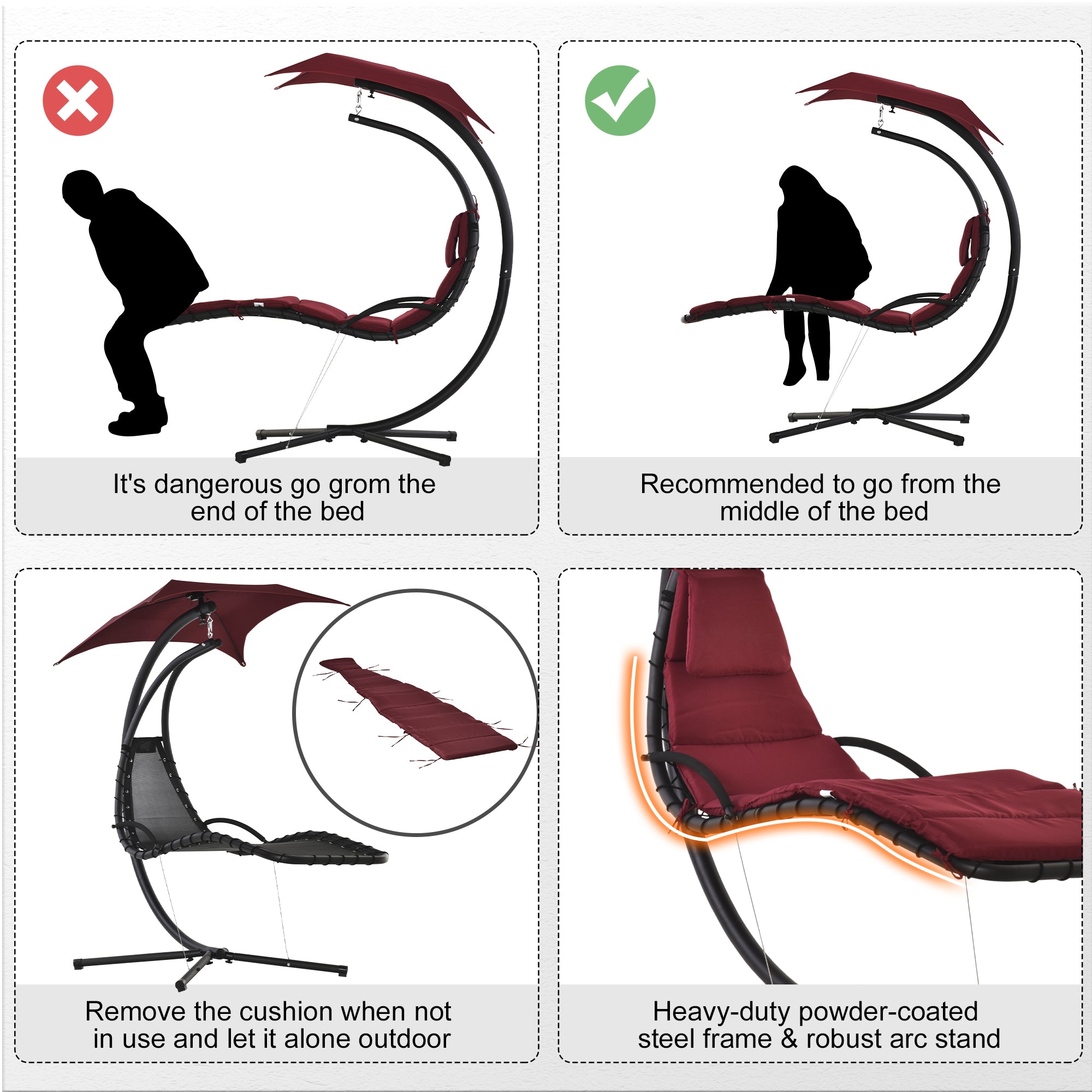 Outsunny Outdoor Hammock Chair with Stand, Floating Chaise Lounge Chair with Soft Padded Cushion, Hanging Hammock Swing Reclining Seat with Canopy Umbrella, Wine Red