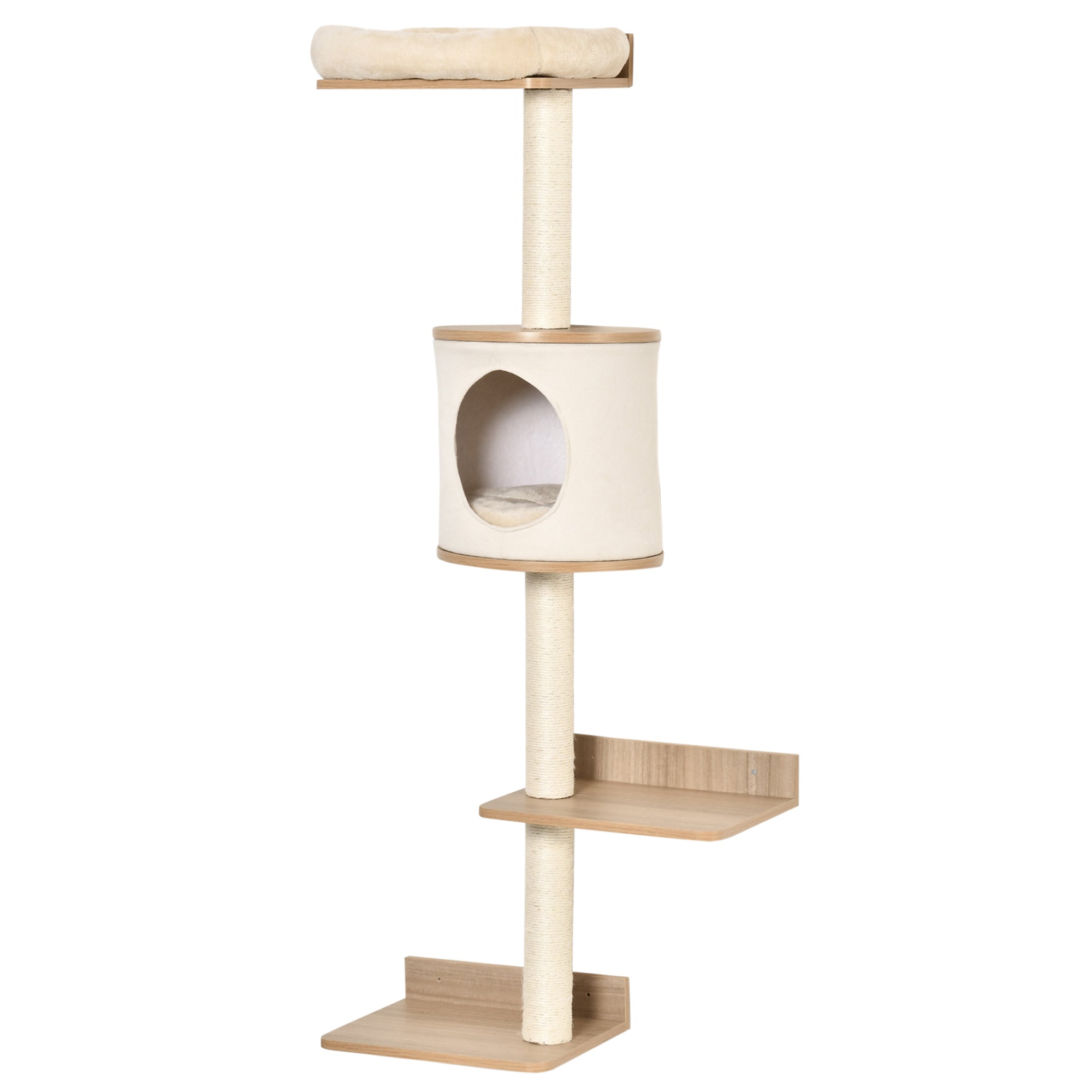 PawHut Cat Tree Pet Wall-mounted Climbing Frame Shelf Kitten Perch Activity Center Condo Bed Scratching Post Light Brown