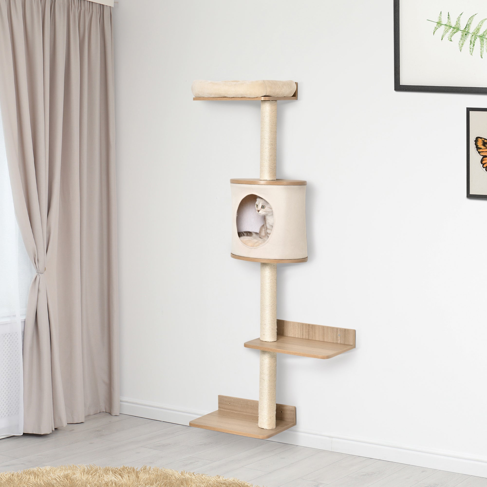 PawHut Cat Tree Pet Wall-mounted Climbing Frame Shelf Kitten Perch Activity Center Condo Bed Scratching Post Light Brown