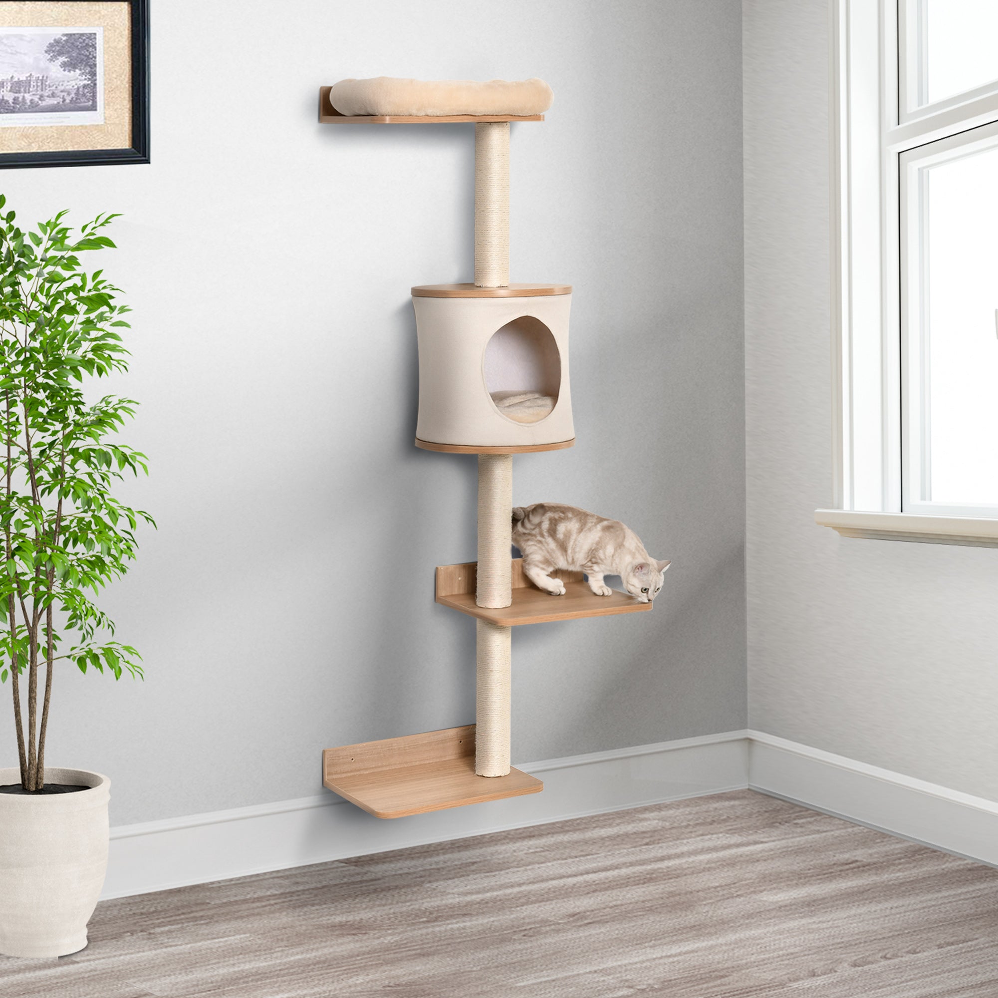 PawHut Cat Tree Pet Wall-mounted Climbing Frame Shelf Kitten Perch Activity Center Condo Bed Scratching Post Light Brown
