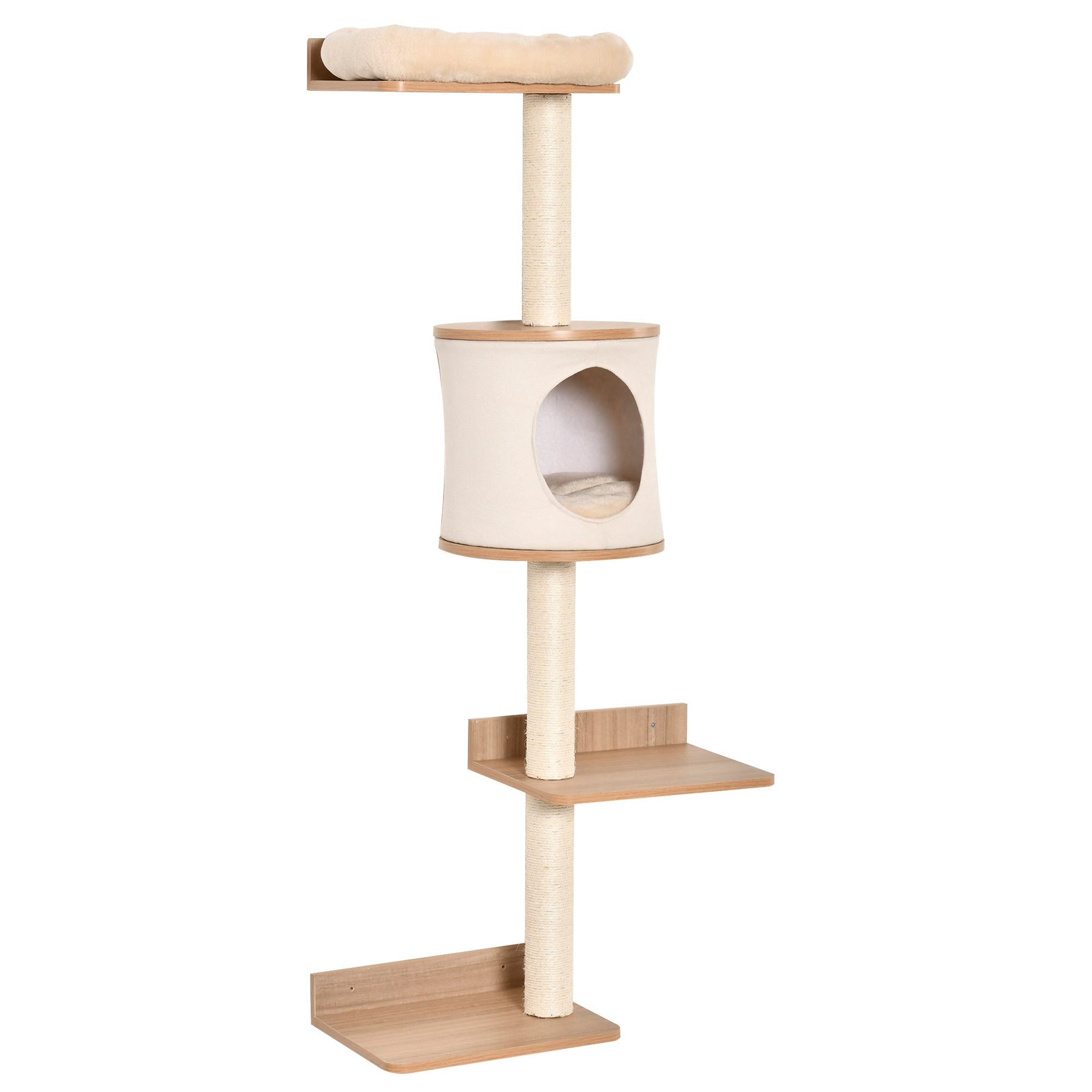 PawHut Cat Tree Pet Wall-mounted Climbing Frame Shelf Kitten Perch Activity Center Condo Bed Scratching Post Light Brown