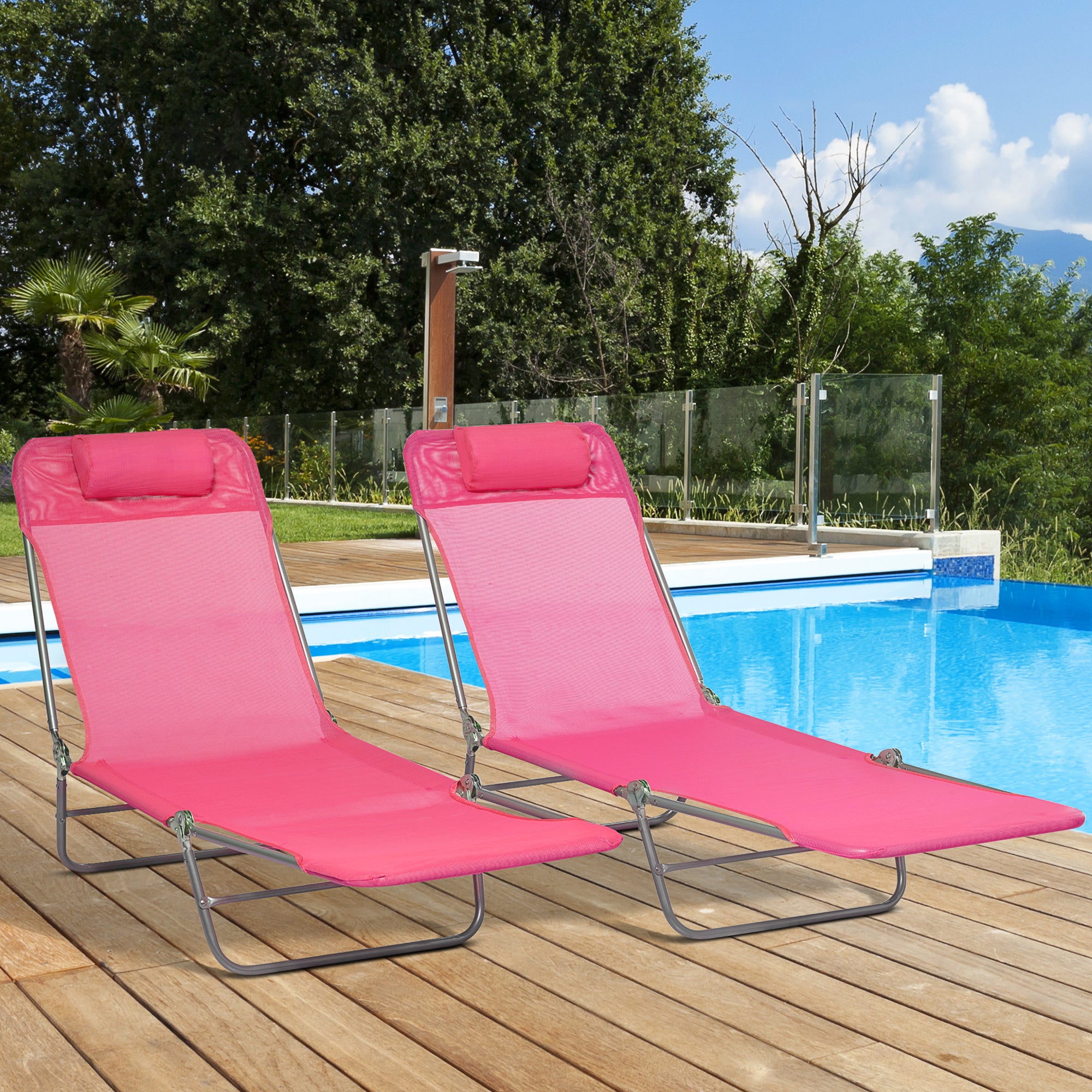 Outsunny  Set of 2 Folding Chaise Lounge Pool Chairs, Outdoor Sun Tanning Chairs with Pillow, Reclining Back, Steel Frame & Breathable Mesh for Beach, Yard, Patio, Pink