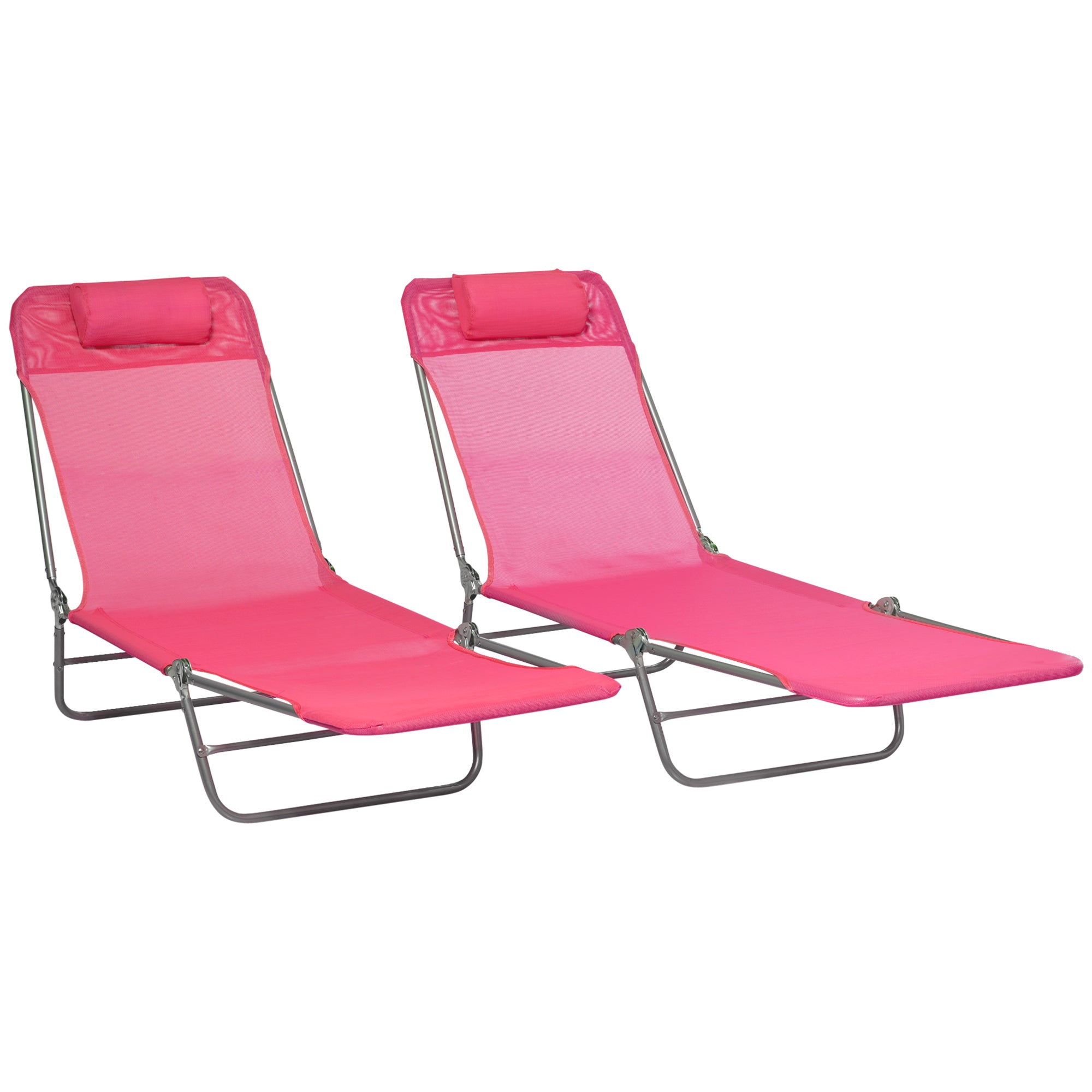 Outsunny  Set of 2 Folding Chaise Lounge Pool Chairs, Outdoor Sun Tanning Chairs with Pillow, Reclining Back, Steel Frame & Breathable Mesh for Beach, Yard, Patio, Pink