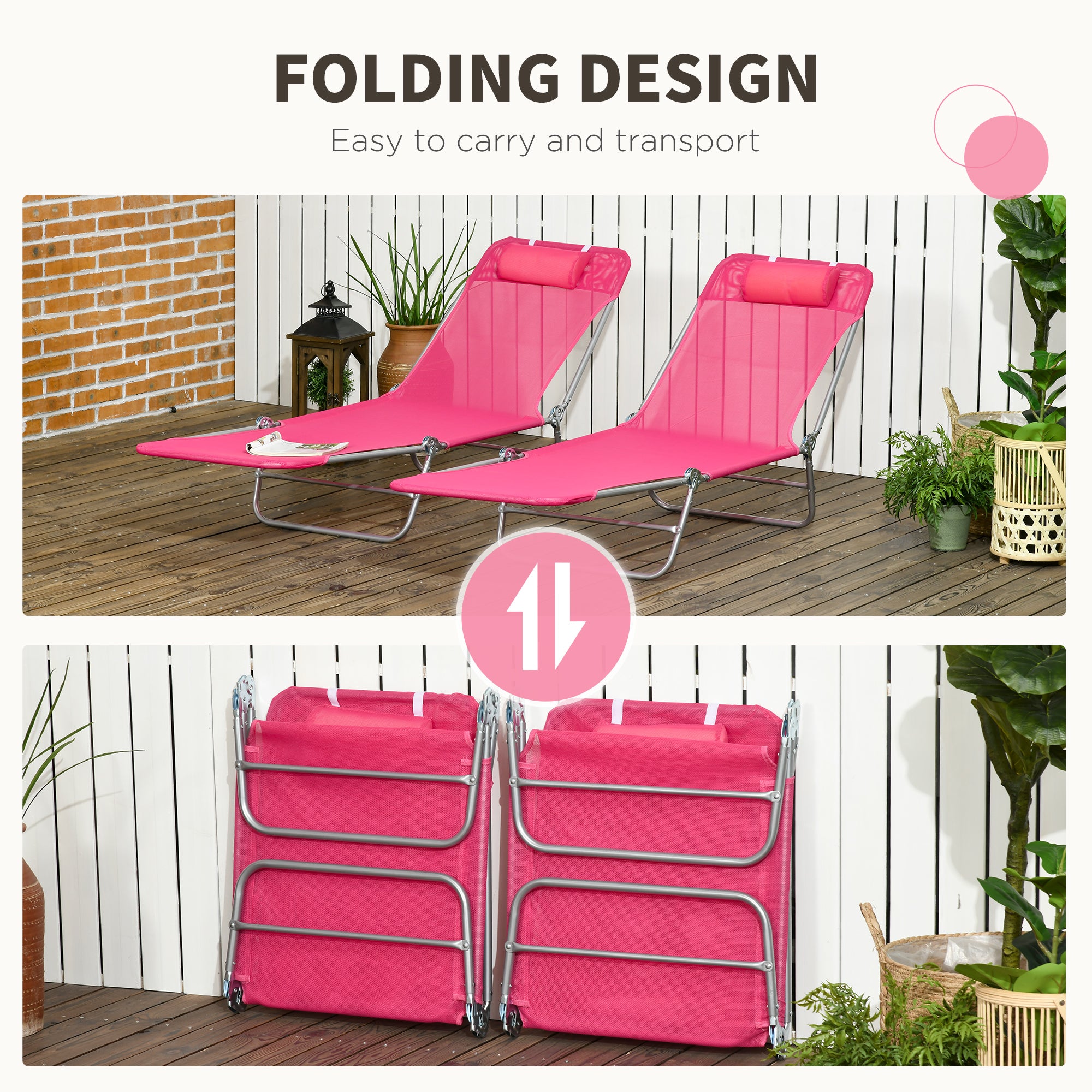 Outsunny  Set of 2 Folding Chaise Lounge Pool Chairs, Outdoor Sun Tanning Chairs with Pillow, Reclining Back, Steel Frame & Breathable Mesh for Beach, Yard, Patio, Pink
