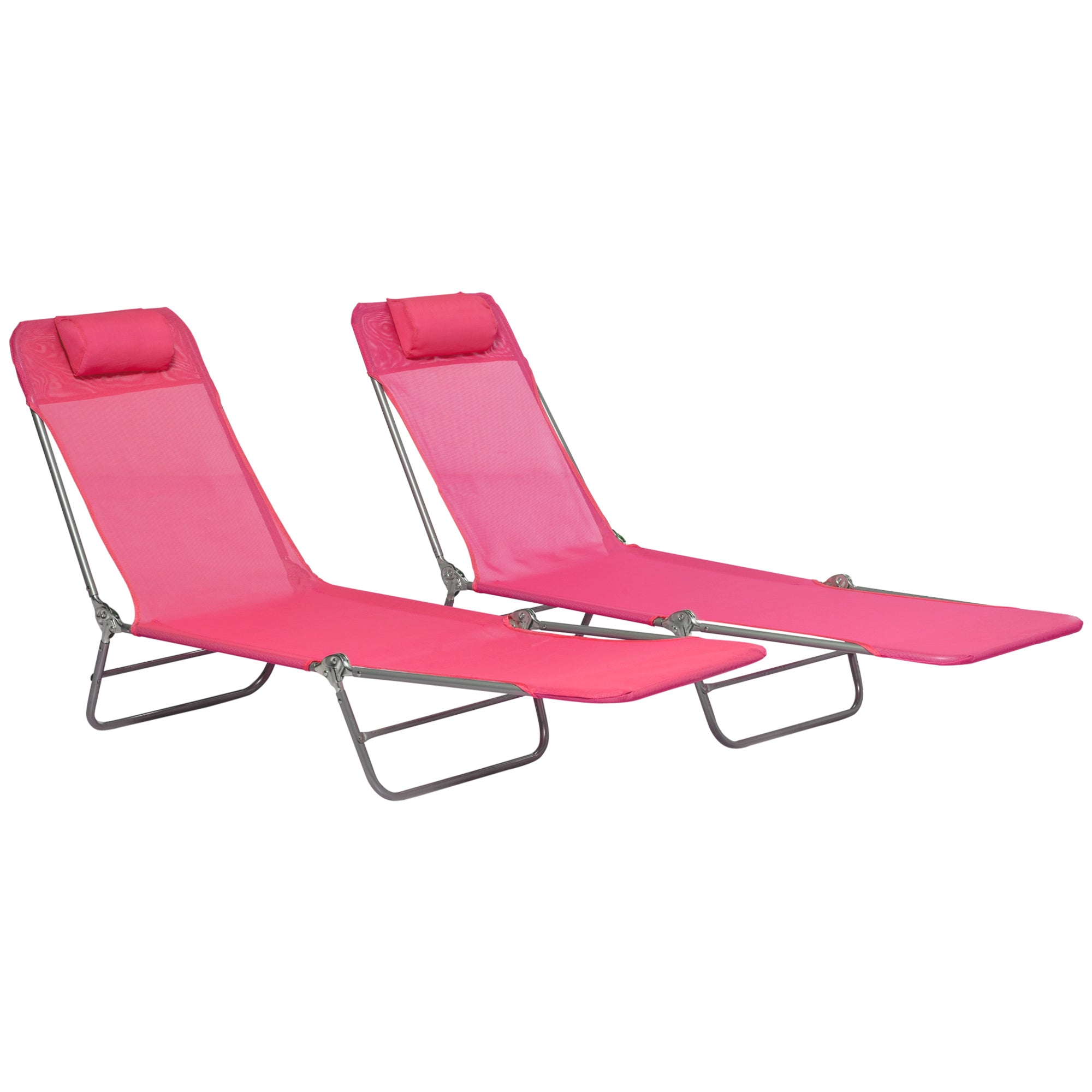 Outsunny  Set of 2 Folding Chaise Lounge Pool Chairs, Outdoor Sun Tanning Chairs with Pillow, Reclining Back, Steel Frame & Breathable Mesh for Beach, Yard, Patio, Pink